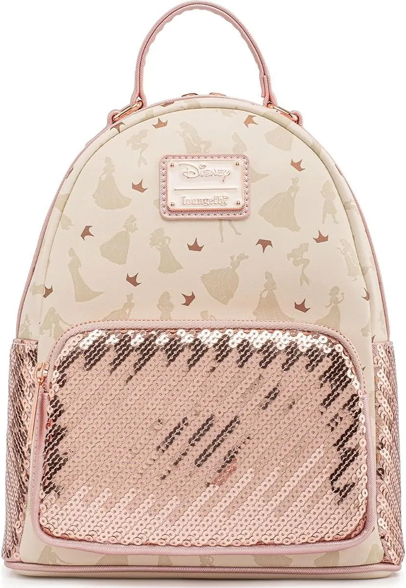 Loungefly Disney Ultimate Princesses All Over Print Sequin Womens Double Strap Shoulder Bag Purse
