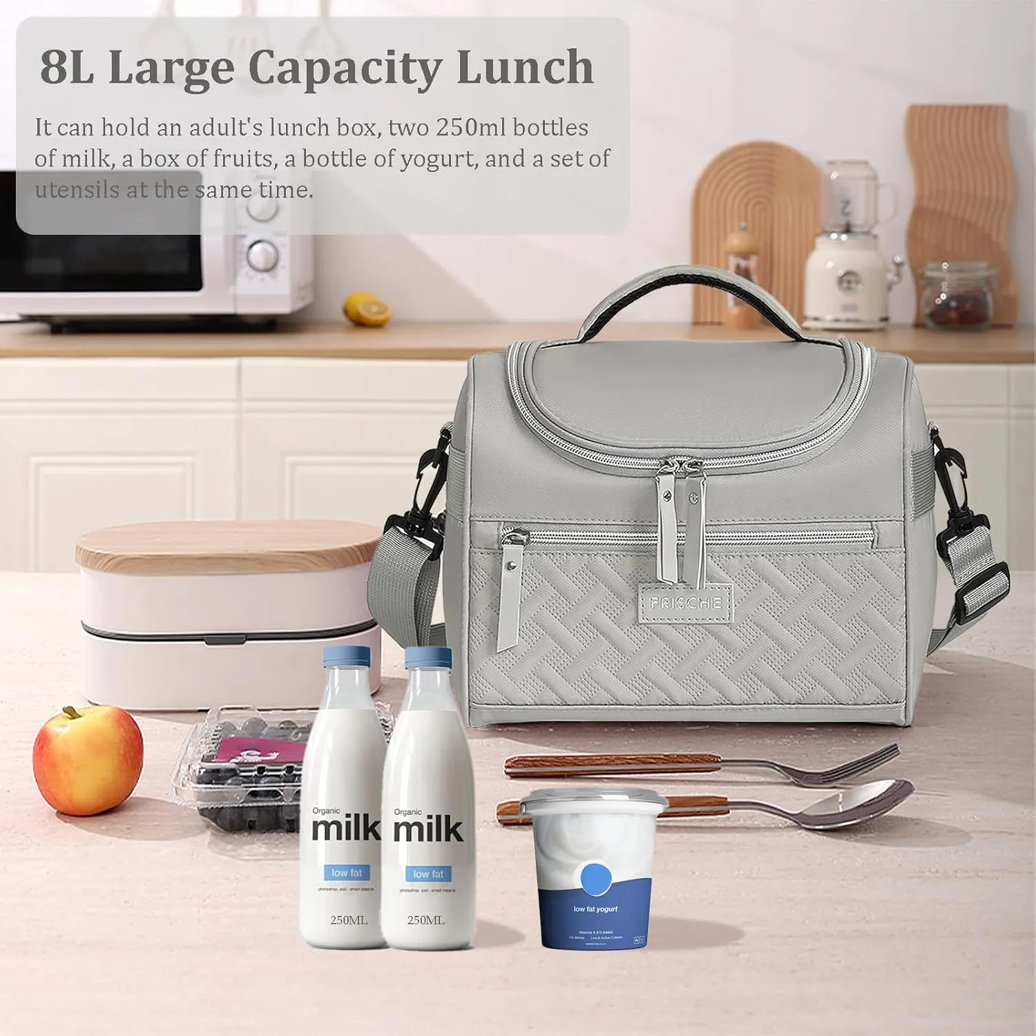 Lunch Bag for women, 8L Large Lunch Box with Adjustable Shoulder Strap, Resuable & Leakproof Lunch Cooler Bag, Insulated Lunch Tote Bag, Portable Lunch Pail for work, Tourist, outdoor use (Gray)