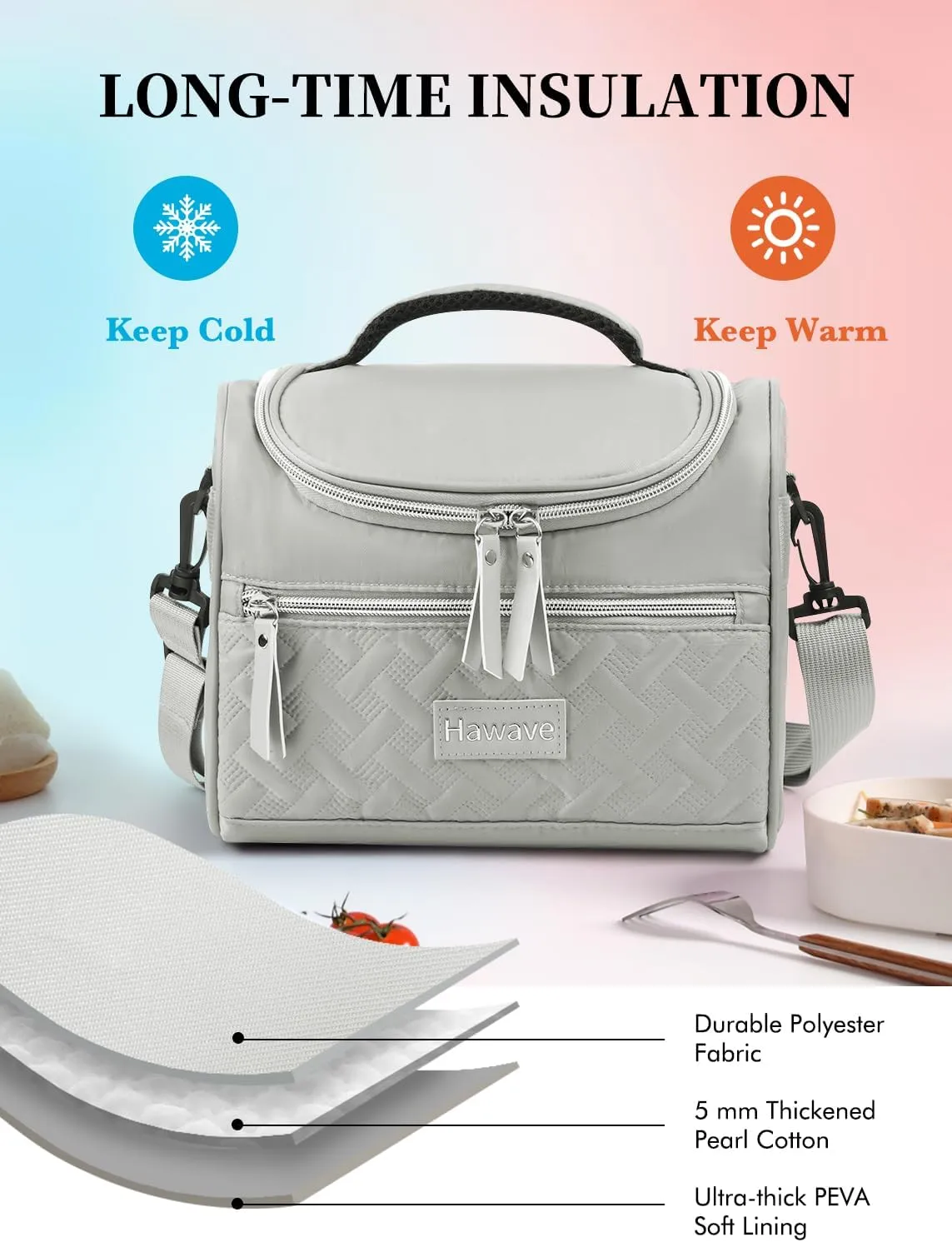 Lunch Bag for Women Men Adult Insulated Lunch Box, Leakproof Lunch Cooler Bag with Front Pocket & Adjustable Shoulder Strap, Reusable Large Lunch Tote Bag for Work Office Travel Picnic, Grey