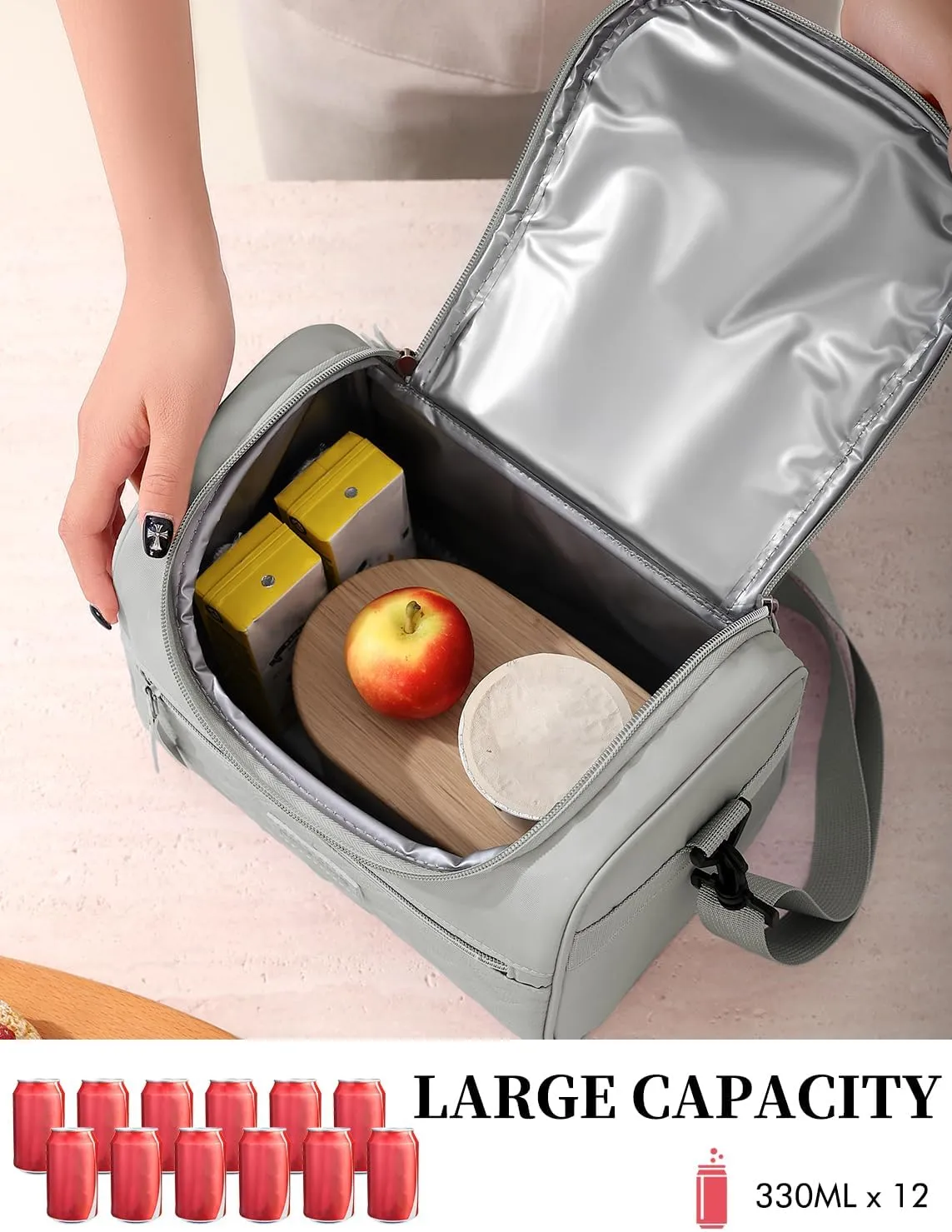 Lunch Bag for Women Men Adult Insulated Lunch Box, Leakproof Lunch Cooler Bag with Front Pocket & Adjustable Shoulder Strap, Reusable Large Lunch Tote Bag for Work Office Travel Picnic, Grey