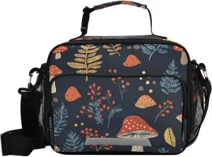 Lunch Bag for Women Men Ferns Mushrooms Navy Reusable Tote Bag Cooler Bag Insulated Lunch Box with Adjustable Shoulder Strap Portable Handbag