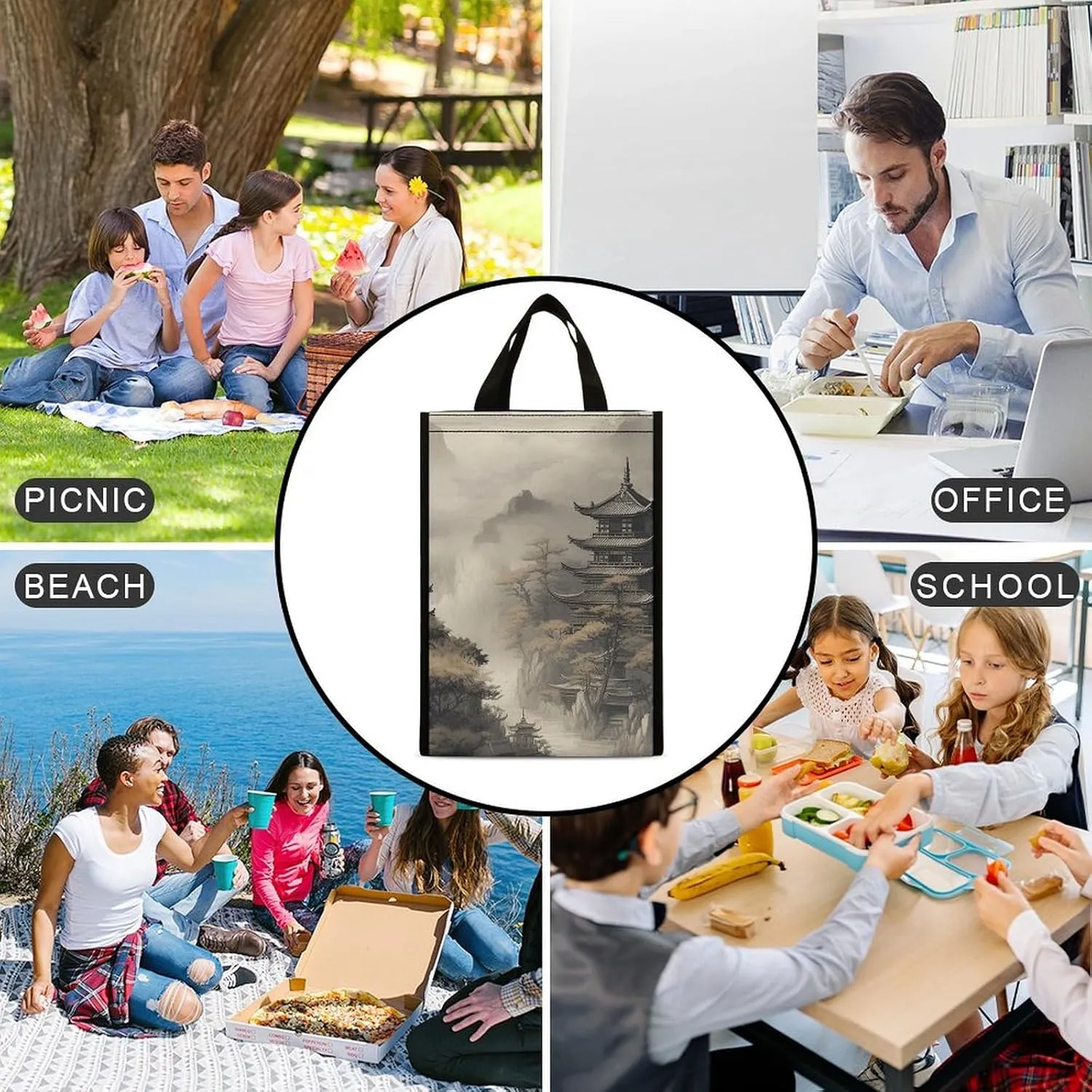 Lunch Bag for Women Men Lunch Box Insulated Chinese Style Architecture Lunch Tote Bag Reusable Lunch Cooler Bag for Work