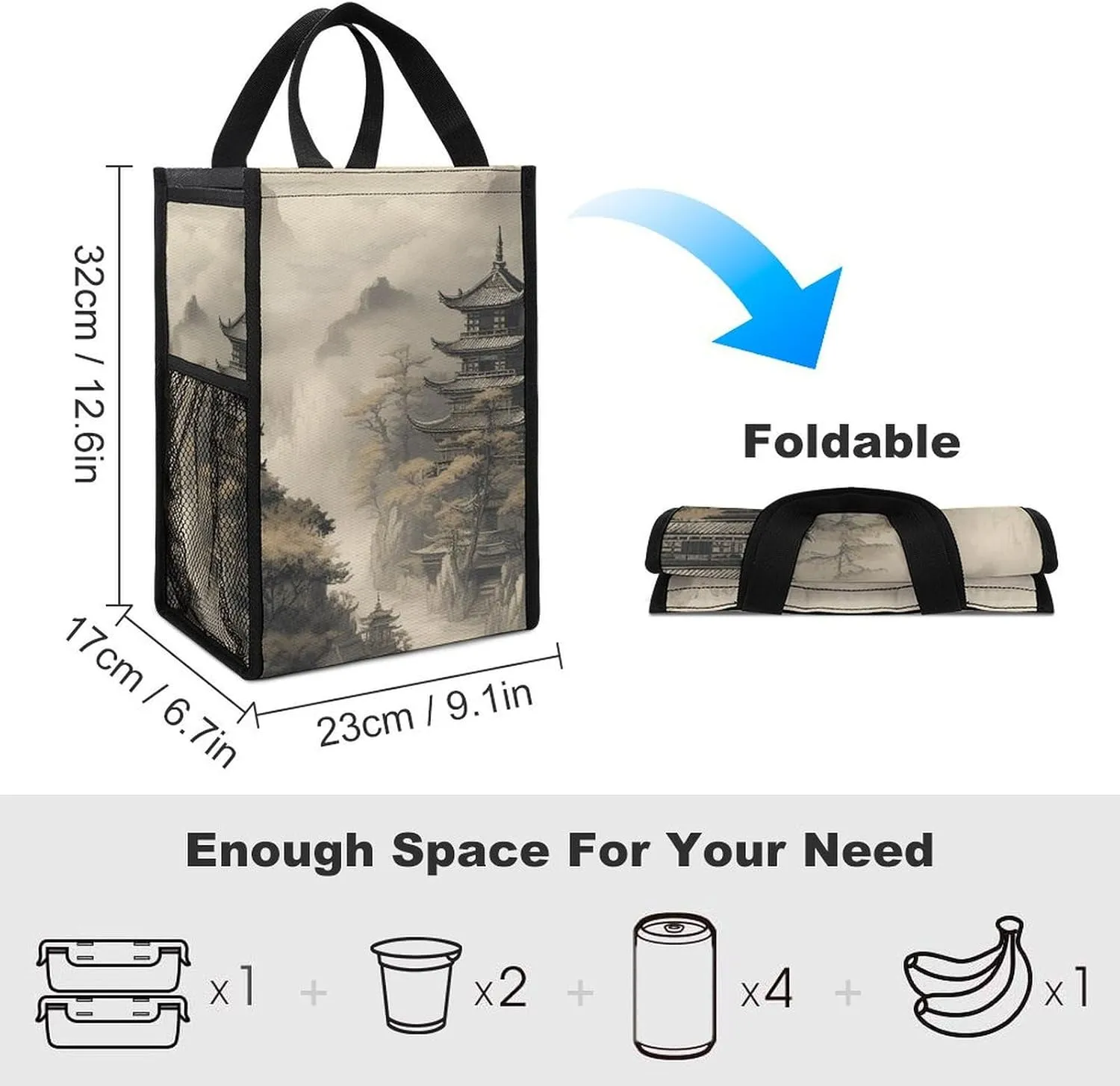 Lunch Bag for Women Men Lunch Box Insulated Chinese Style Architecture Lunch Tote Bag Reusable Lunch Cooler Bag for Work