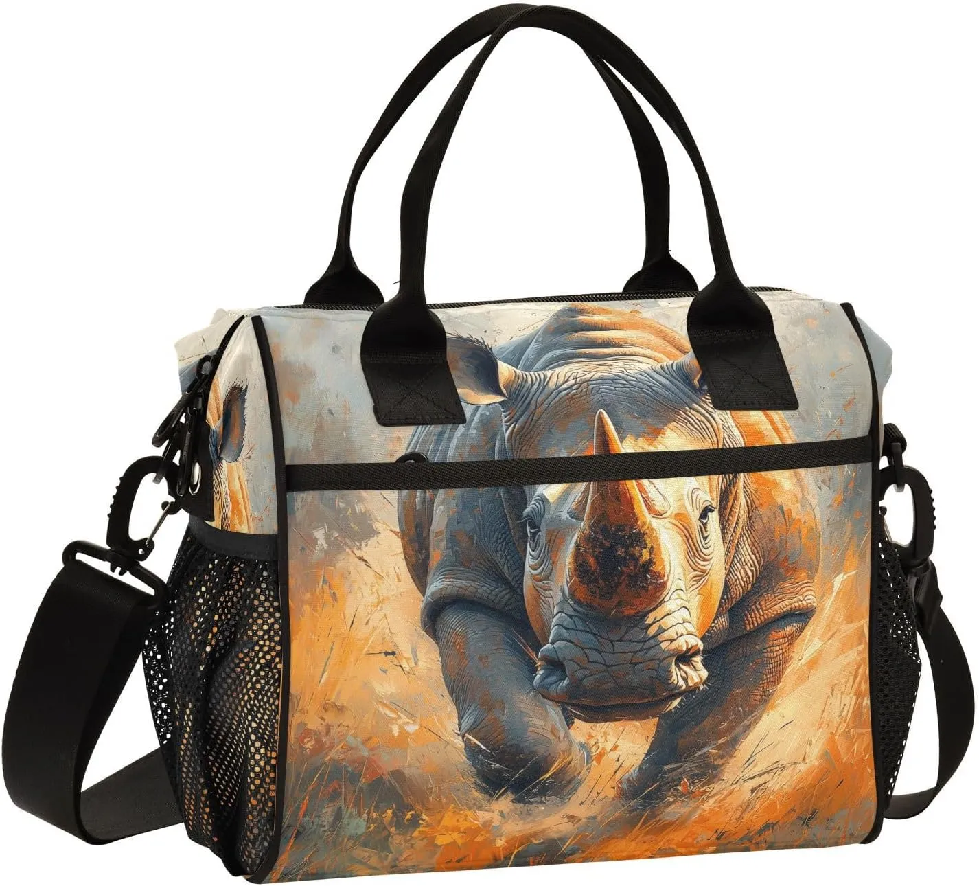 Lunch Bag Rhinoceros Oil Painting Women Men Adult Reusable Leakproof Large Spacious Cooler Tote Insulated Lunch Box for Work Office Travel Picnic, Medium