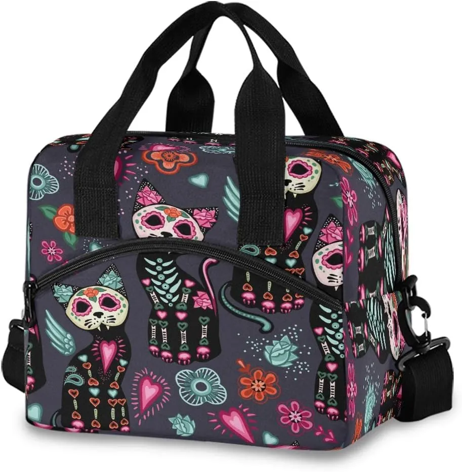 Lunch Bag Sugar Skull Flower Cat Lunchbox Organizer Insulated Waterproof Men Women Tote Cooler Handbag Adjustable Shoulder Strap for kids Girls Boys School Office Picnic