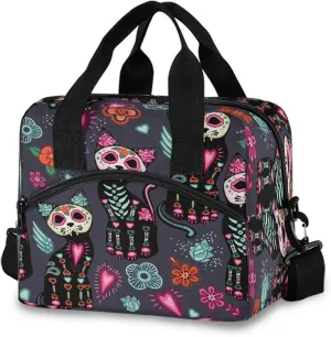 Lunch Bag Sugar Skull Flower Cat Lunchbox Organizer Insulated Waterproof Men Women Tote Cooler Handbag Adjustable Shoulder Strap for kids Girls Boys School Office Picnic