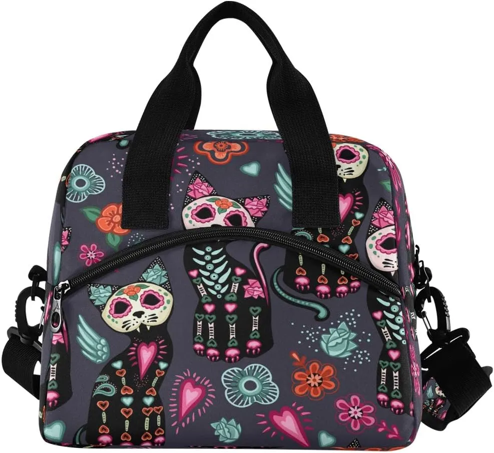 Lunch Bag Sugar Skull Flower Cat Lunchbox Organizer Insulated Waterproof Men Women Tote Cooler Handbag Adjustable Shoulder Strap for kids Girls Boys School Office Picnic