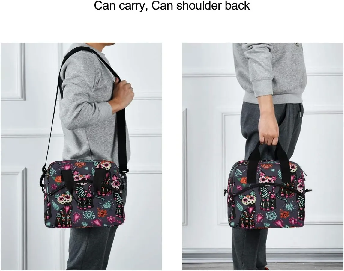 Lunch Bag Sugar Skull Flower Cat Lunchbox Organizer Insulated Waterproof Men Women Tote Cooler Handbag Adjustable Shoulder Strap for kids Girls Boys School Office Picnic
