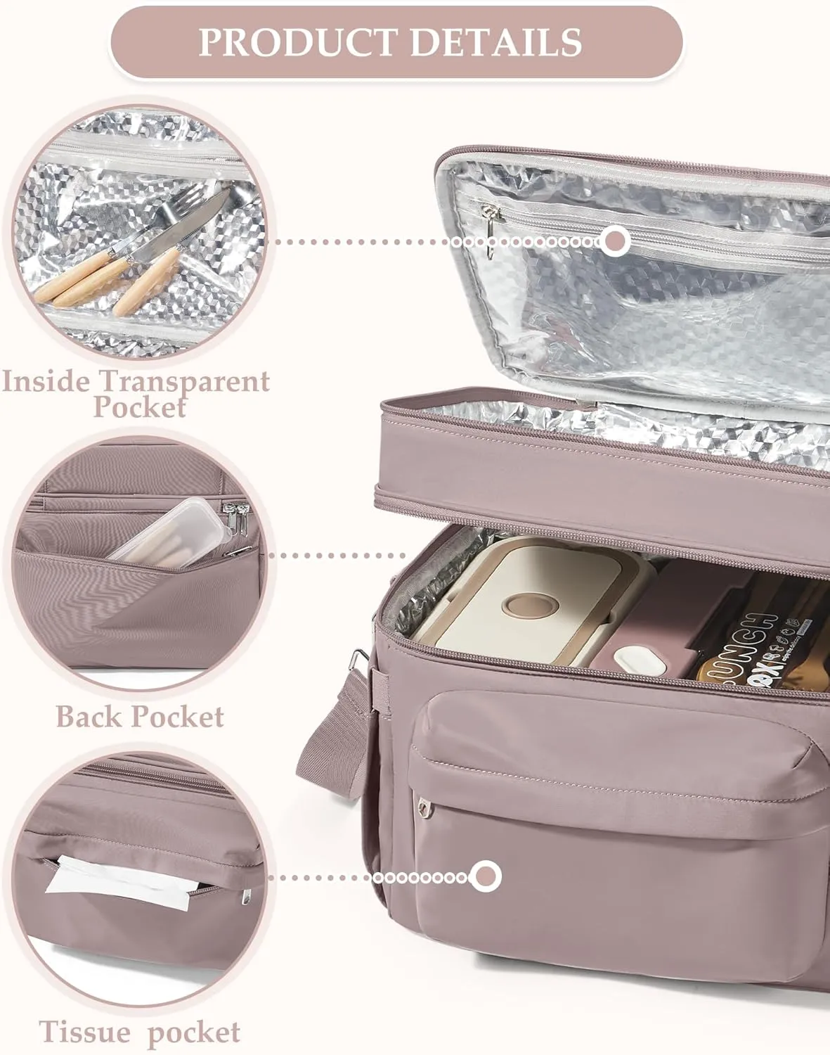 Lunch Box Women Insulated Lunch Bag Men Expandable Waterproof Leakproof Lunch Boxes Large Lunch Tote Cooler Bag for Work with Water Bottle Holder Pink Purple