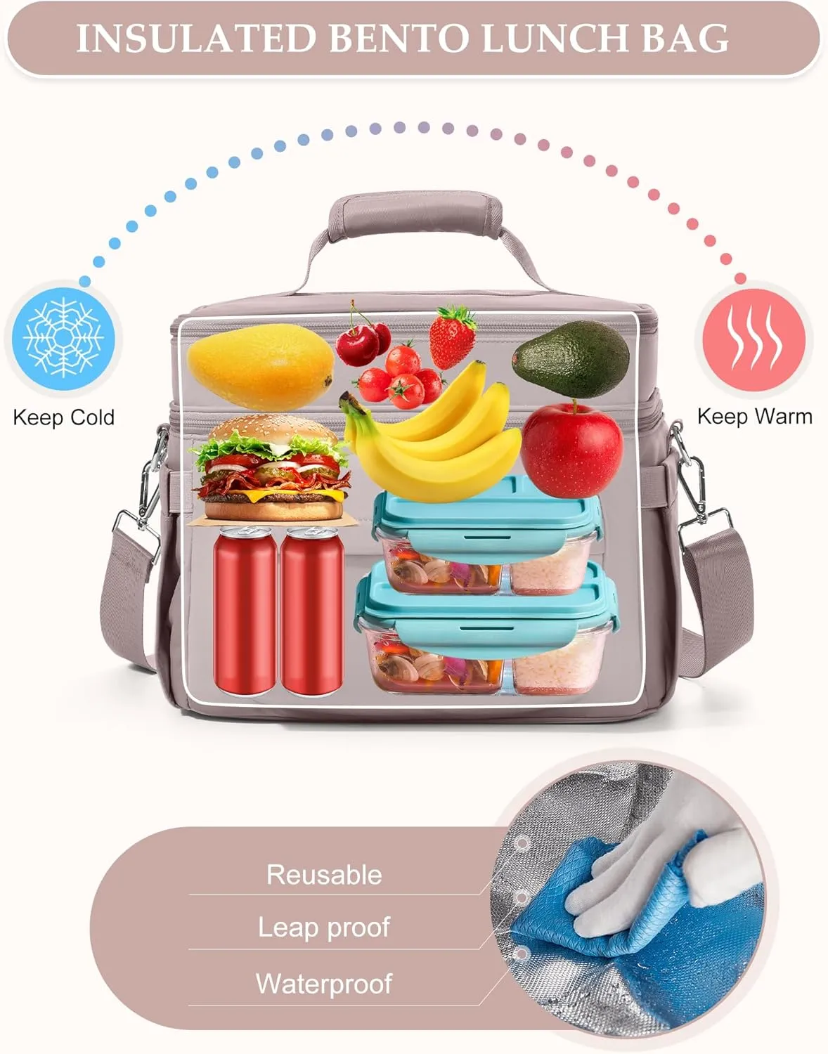 Lunch Box Women Insulated Lunch Bag Men Expandable Waterproof Leakproof Lunch Boxes Large Lunch Tote Cooler Bag for Work with Water Bottle Holder Pink Purple