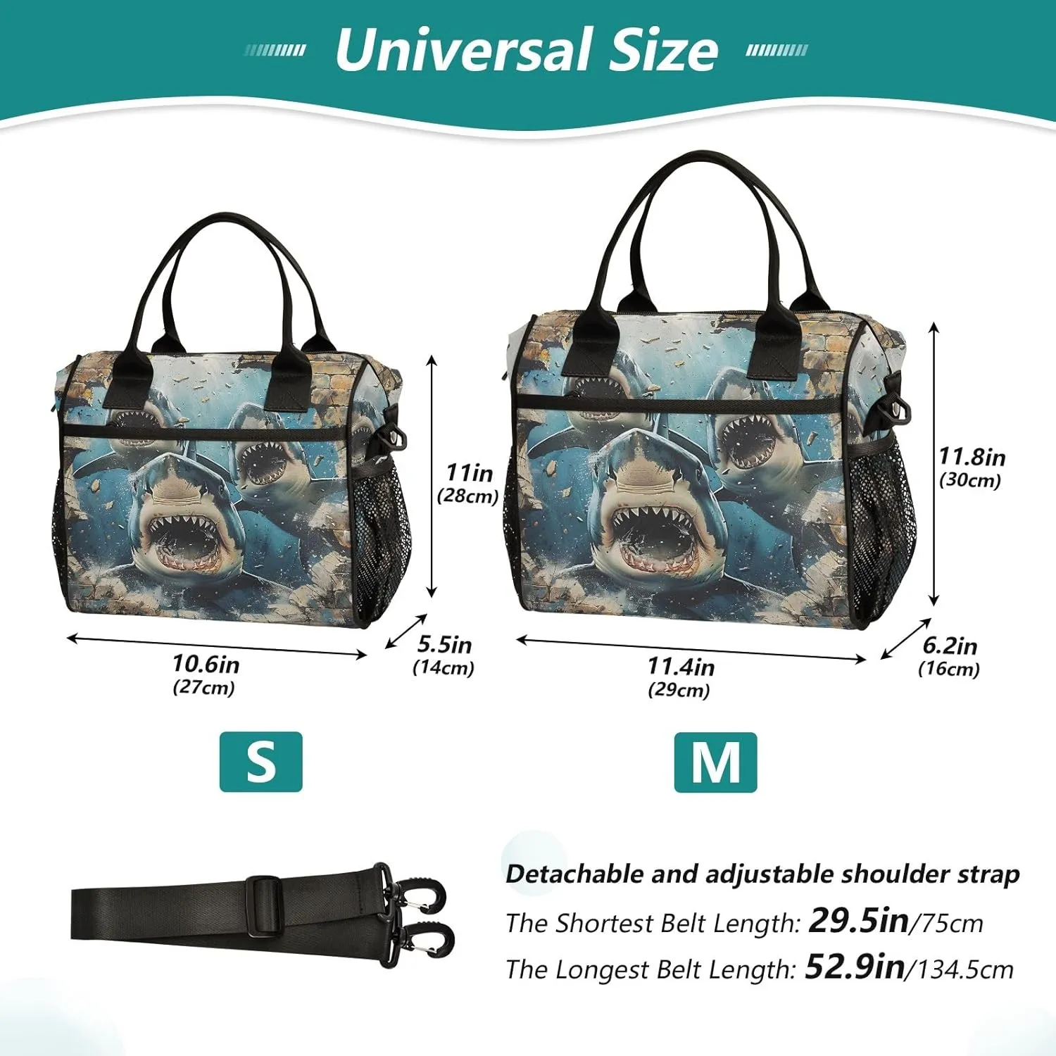Lunch Tote Bags for Men lunch Box Lunch Cooler Bag Large Work Sharks Break Through Walls Leakproof Office Picnic Travel Lunch Bag M
