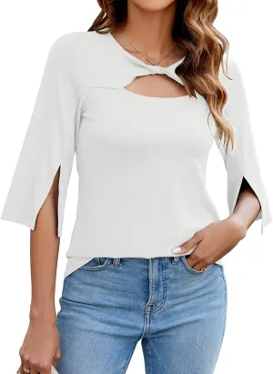 LUYAA Women's 3/4 Sleeve Tops Dressy Casual Summer Cut Out Twist Knot Elegant Blouse Tunics