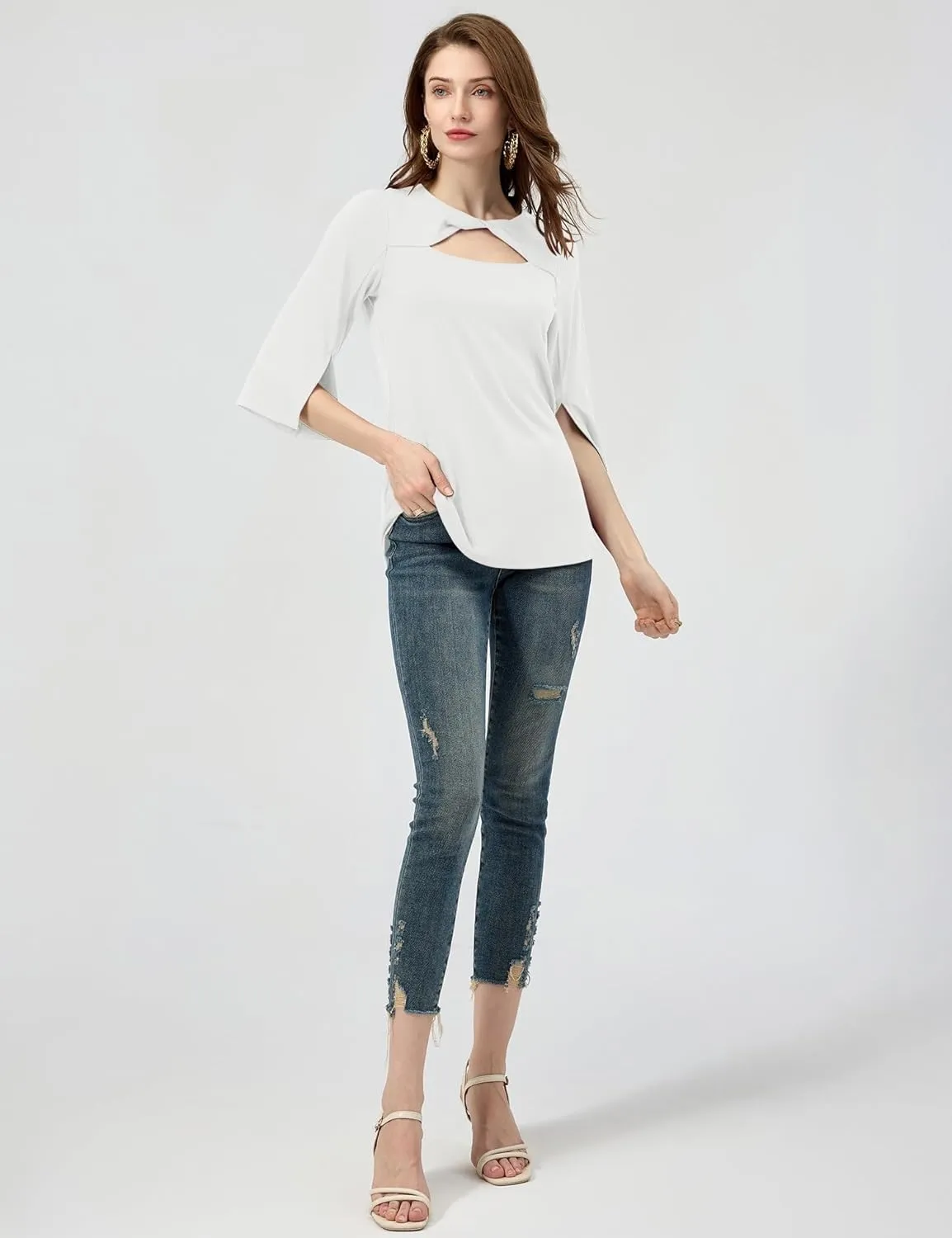 LUYAA Women's 3/4 Sleeve Tops Dressy Casual Summer Cut Out Twist Knot Elegant Blouse Tunics