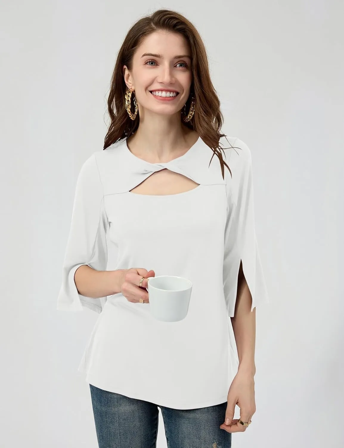 LUYAA Women's 3/4 Sleeve Tops Dressy Casual Summer Cut Out Twist Knot Elegant Blouse Tunics
