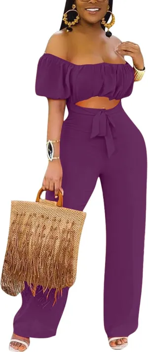 LYANER Women's Off Shoulder Cut Out Tie Front High Waist Short Sleeve Wide Leg Pants One Piece Jumpsuit Romper