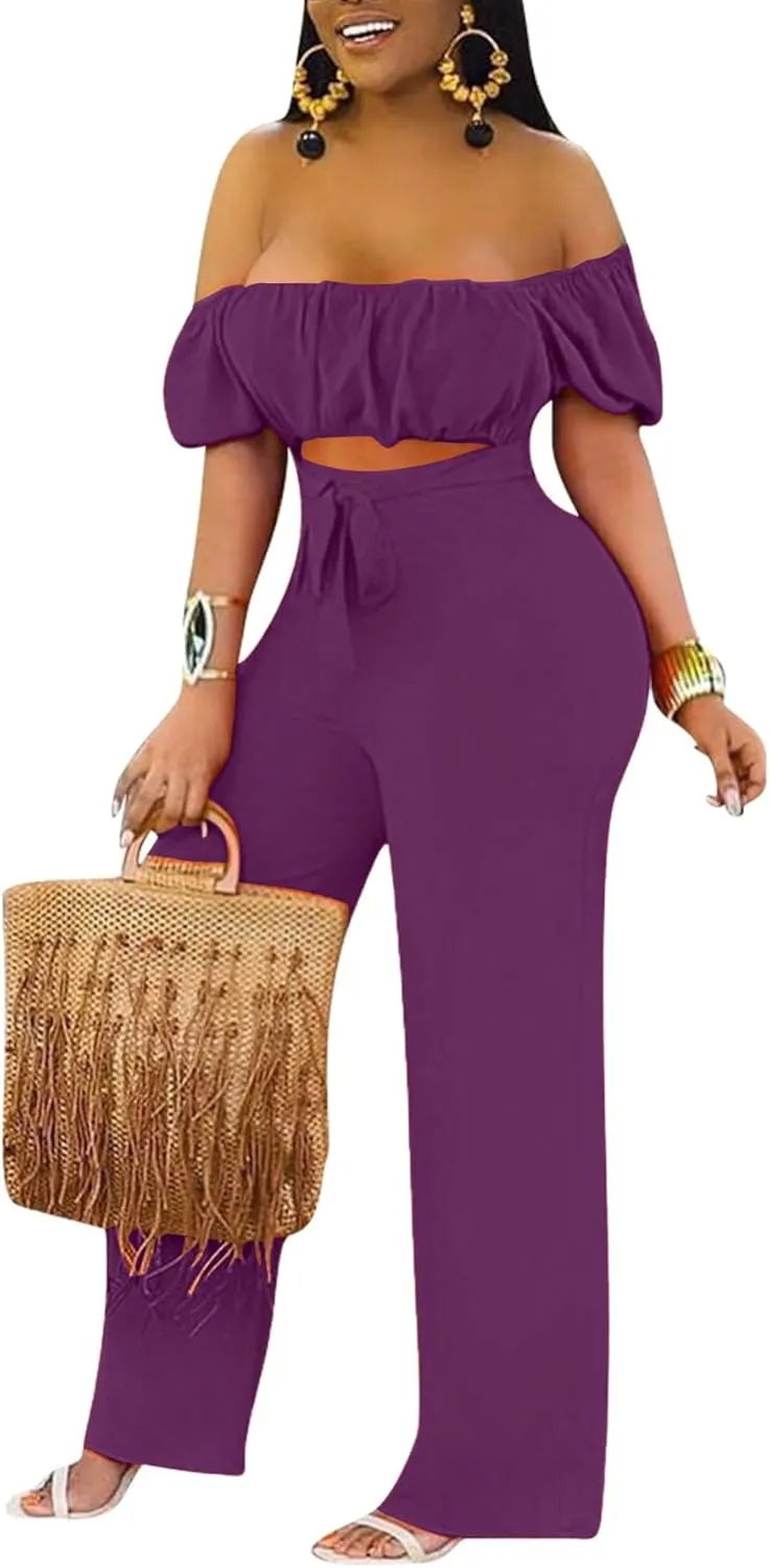 LYANER Women's Off Shoulder Cut Out Tie Front High Waist Short Sleeve Wide Leg Pants One Piece Jumpsuit Romper