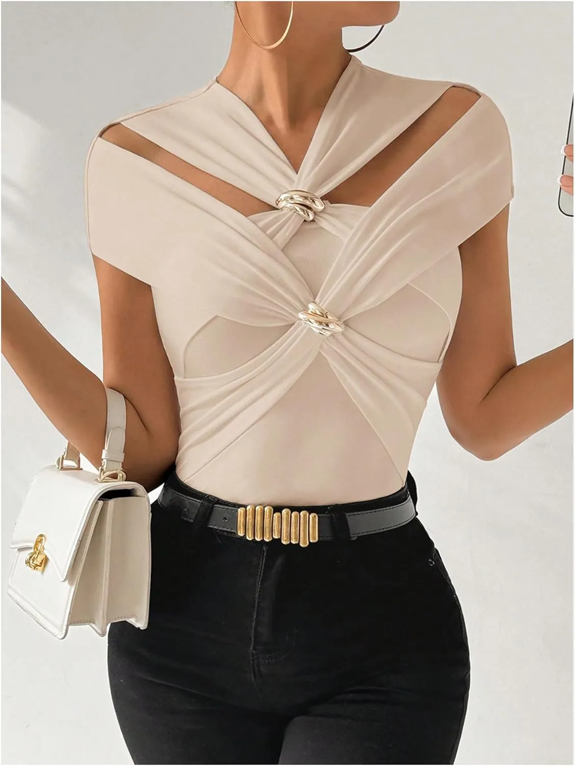 MakeMeChic Women's Criss Cross V Neck Cut Out Cap Sleeve Ruched Tee Shirt Summer Tops