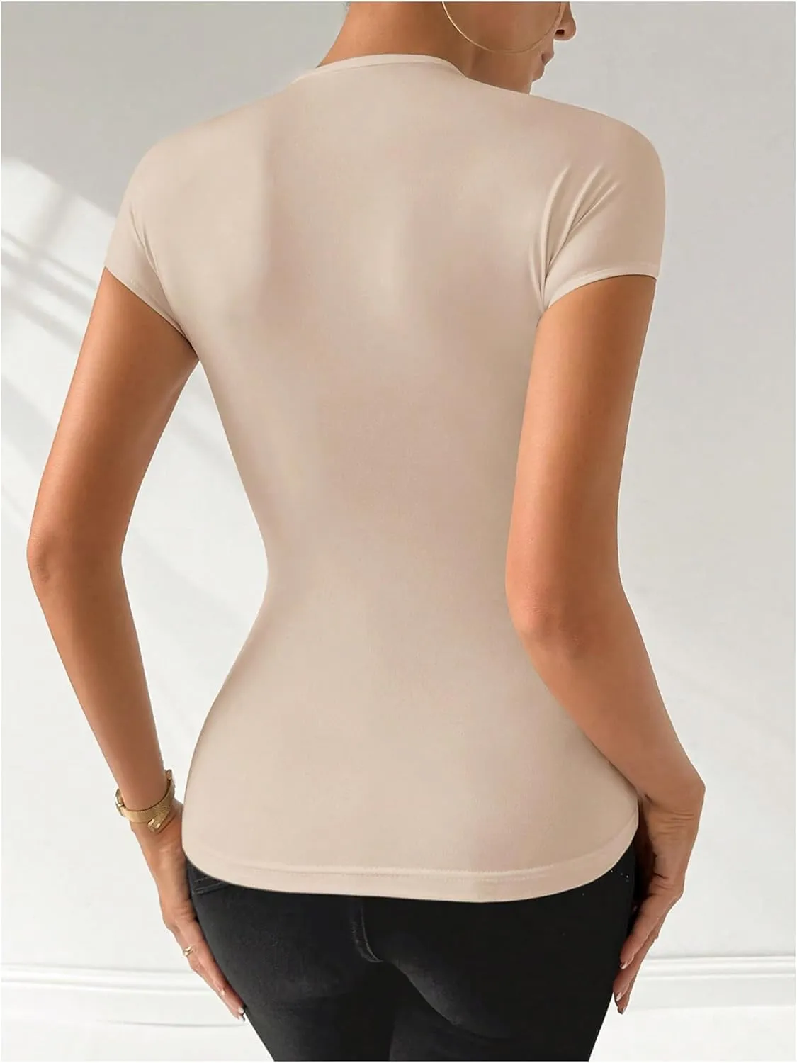 MakeMeChic Women's Criss Cross V Neck Cut Out Cap Sleeve Ruched Tee Shirt Summer Tops