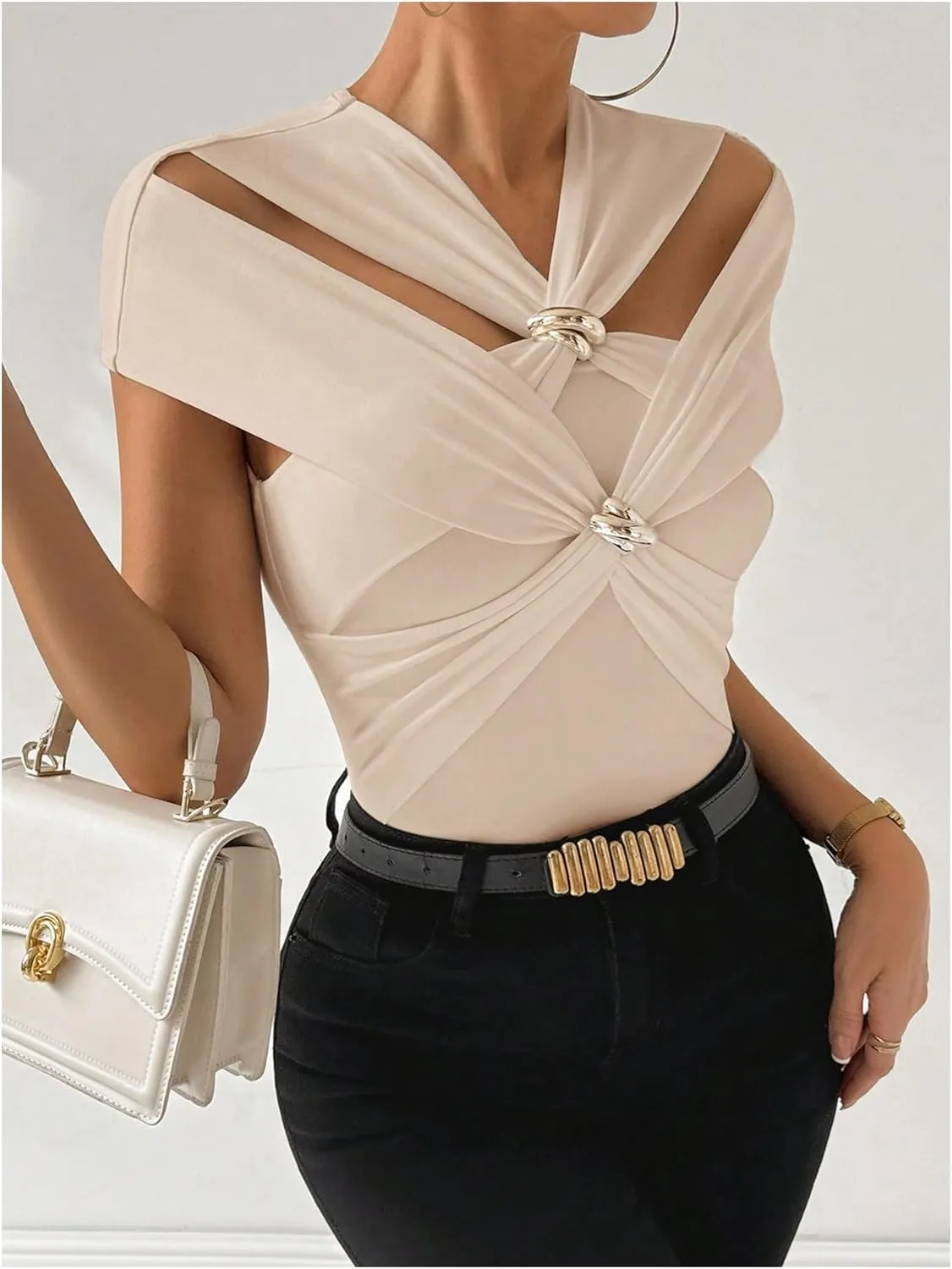 MakeMeChic Women's Criss Cross V Neck Cut Out Cap Sleeve Ruched Tee Shirt Summer Tops