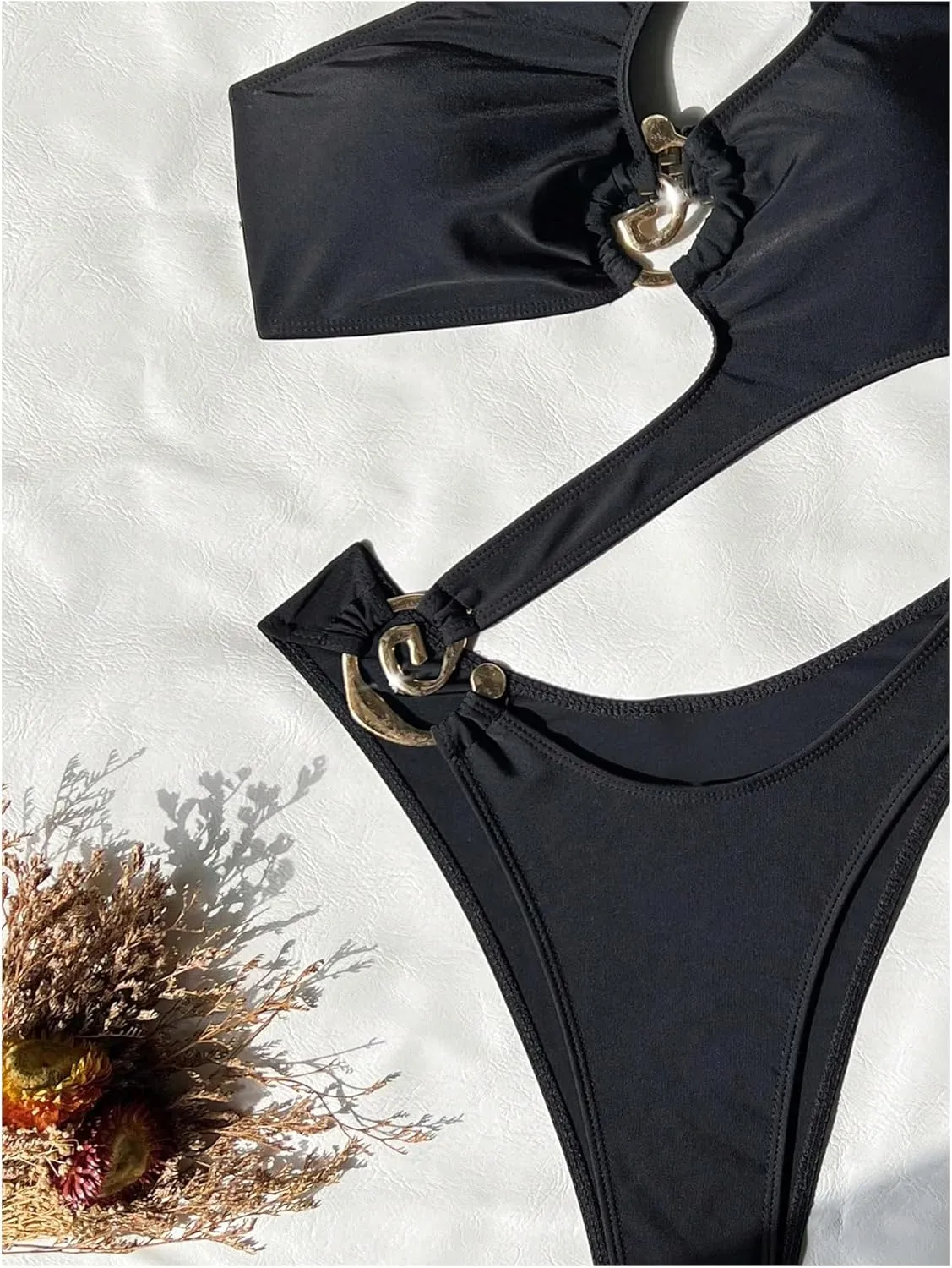 MakeMeChic Women's One Piece Swimsuit Cut Out Metallic Ring One Shoulder Monokini