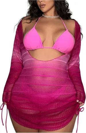 MakeMeChic Women's Plus Size Cover Up Dress Sheer Long Sleeve Drawstring Beach Mini Dresses