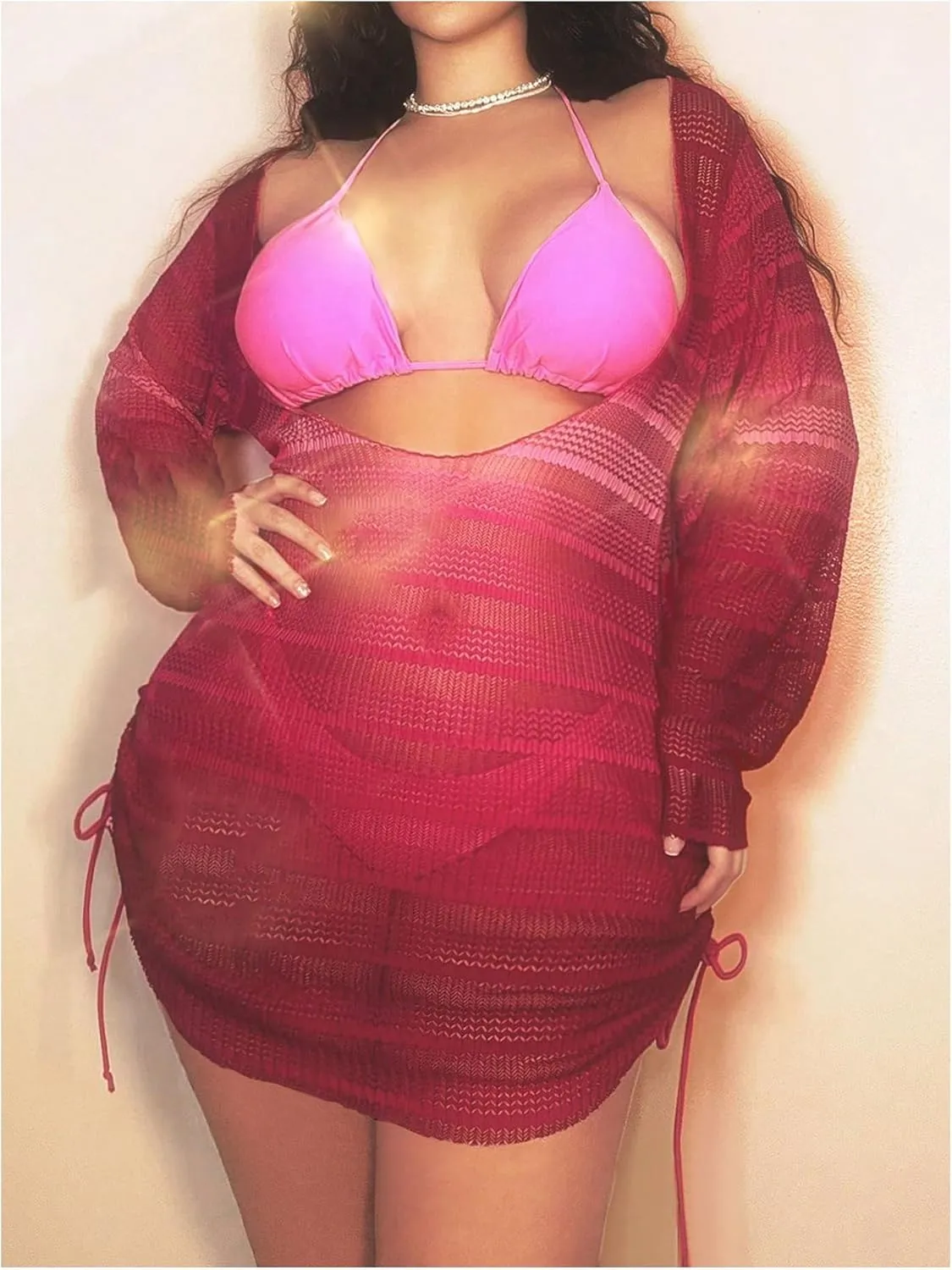 MakeMeChic Women's Plus Size Cover Up Dress Sheer Long Sleeve Drawstring Beach Mini Dresses