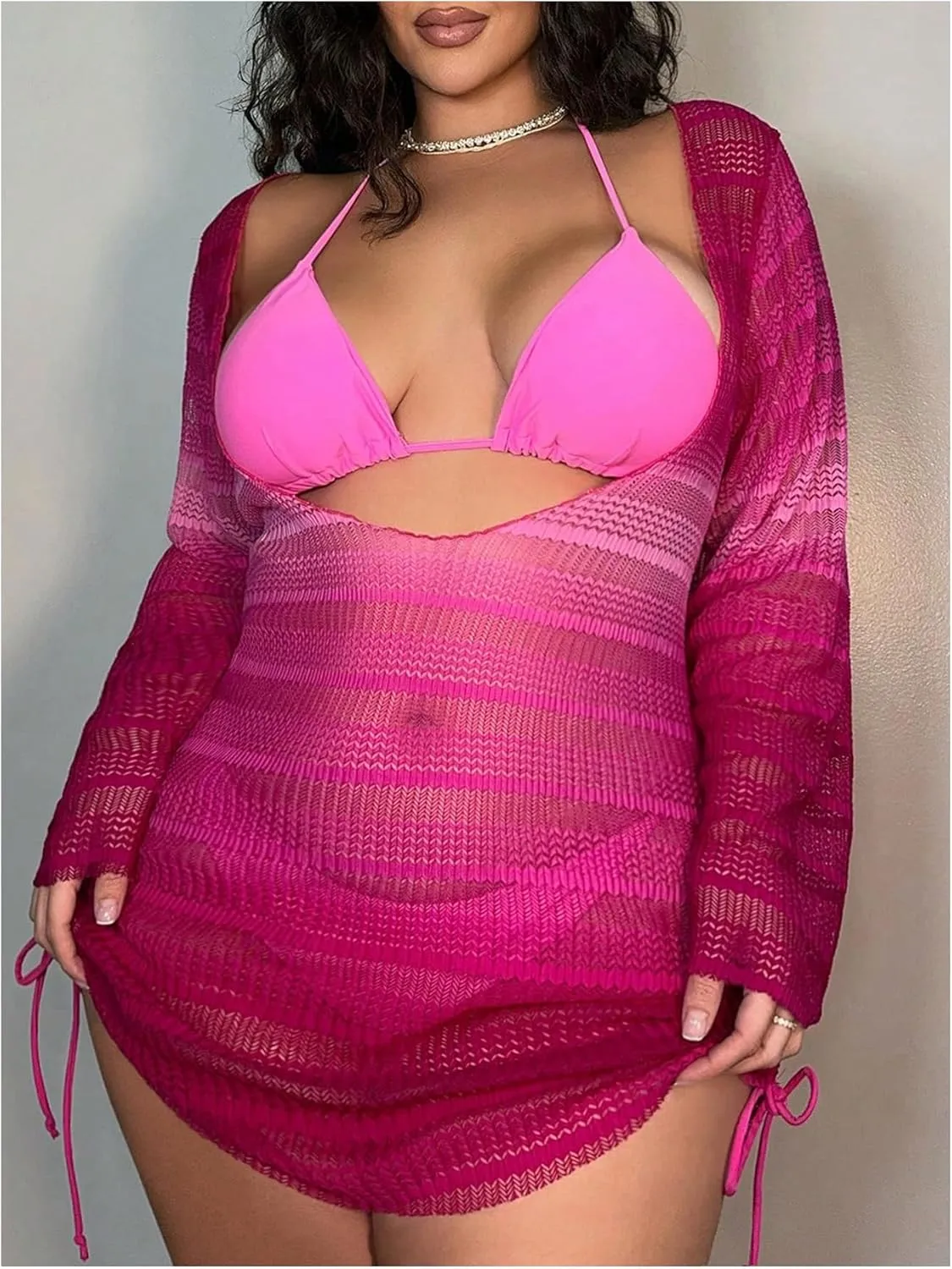MakeMeChic Women's Plus Size Cover Up Dress Sheer Long Sleeve Drawstring Beach Mini Dresses