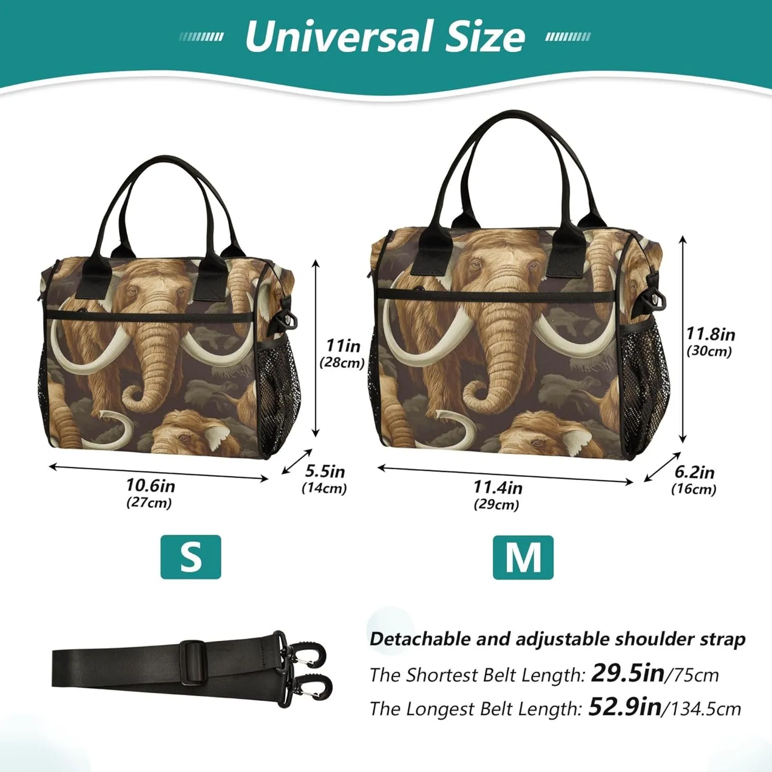 Mammoth Elephants Large Lunch Tote Bag Insulated Lunch Boxes with Adjustable Shoulder Strap