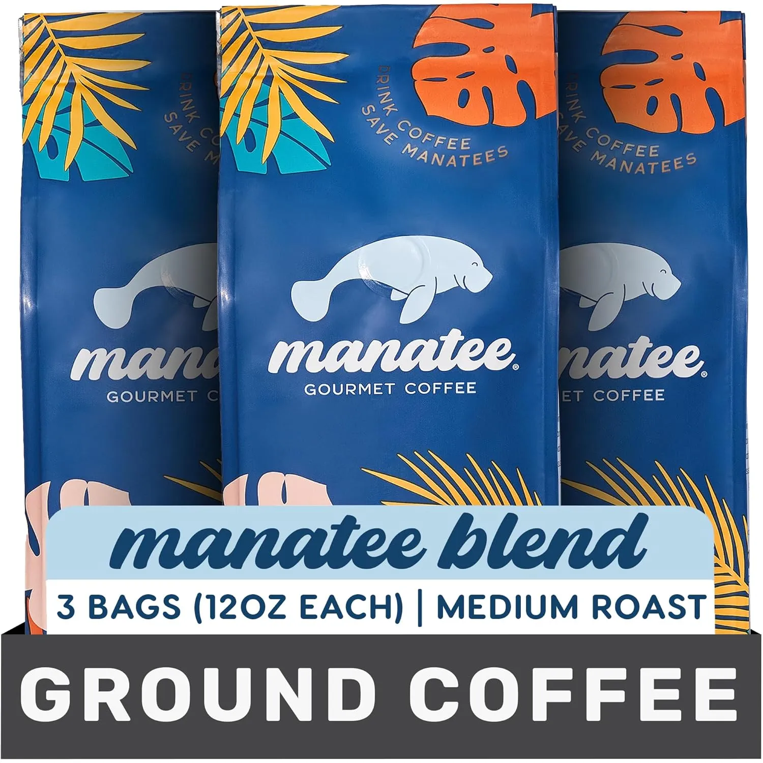 Manatee Gourmet Coffee, Ground, Medium Roast, Manatee Blend 3 Bags 12 oz. Each