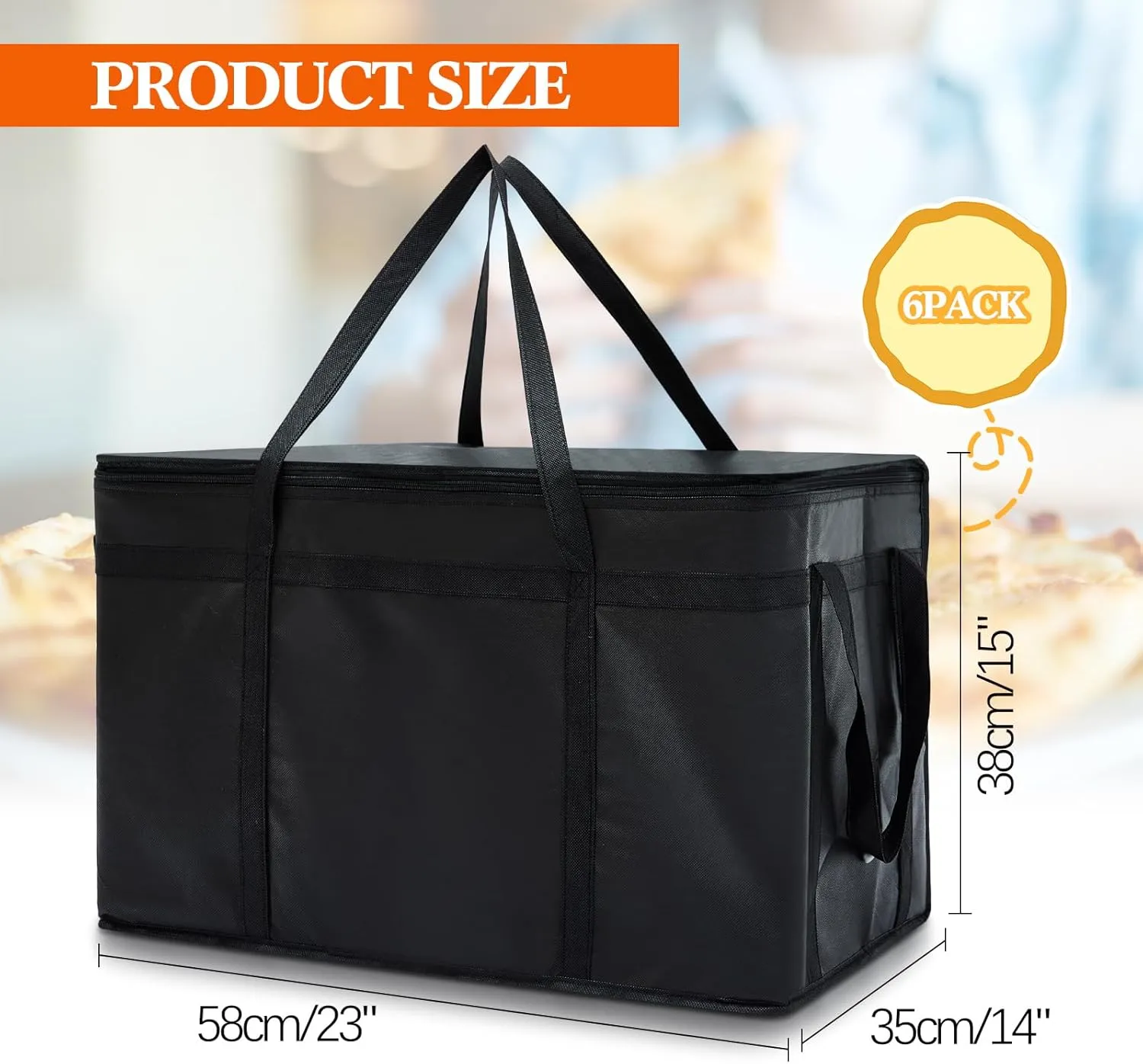 Maxcheck Insulated Food Delivery Bag XXXL Large Capacity Hot Cold Grocery Tote Bag Reusable Warming Cooler Pizza Catering Carrier for Commercial Travel Lunch Shopping Gifts(Black,6)