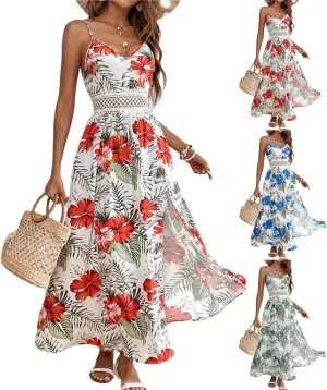 Maxi Dresses for Women 2025 Summer Sexy Spaghetti Strap Floral V Neck Dress Boho Cut Out Waist Slit Long Sundress