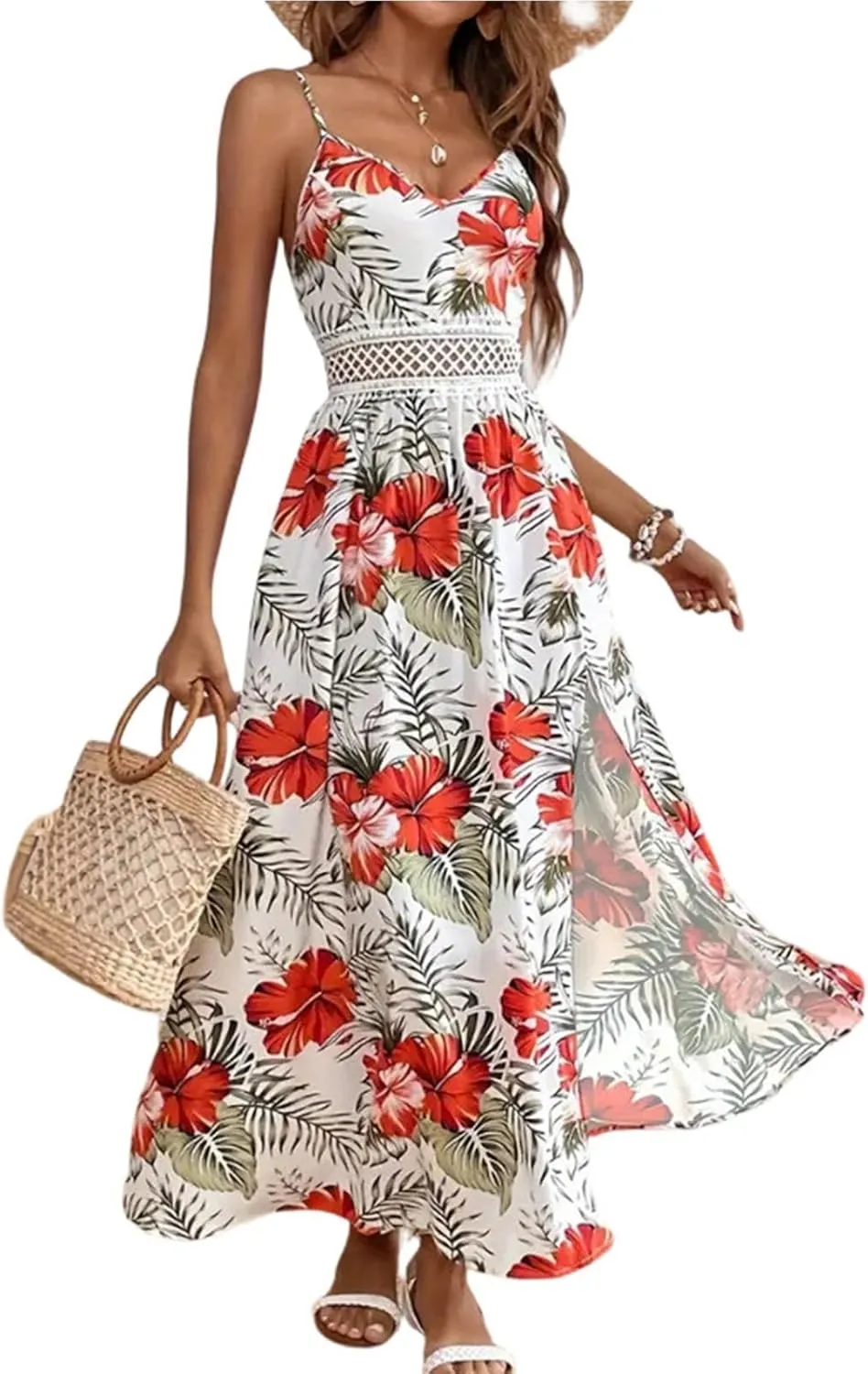 Maxi Dresses for Women 2025 Summer Sexy Spaghetti Strap Floral V Neck Dress Boho Cut Out Waist Slit Long Sundress