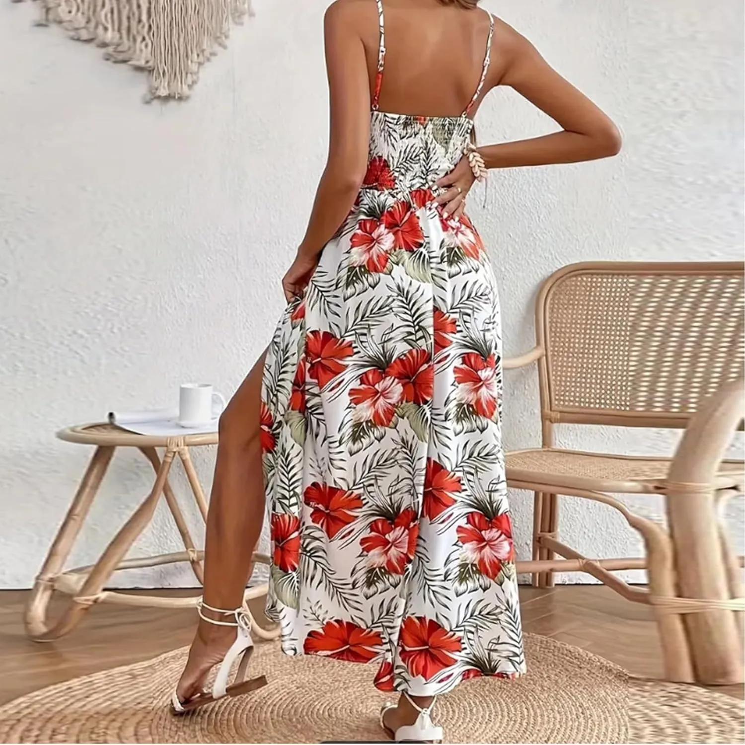 Maxi Dresses for Women 2025 Summer Sexy Spaghetti Strap Floral V Neck Dress Boho Cut Out Waist Slit Long Sundress