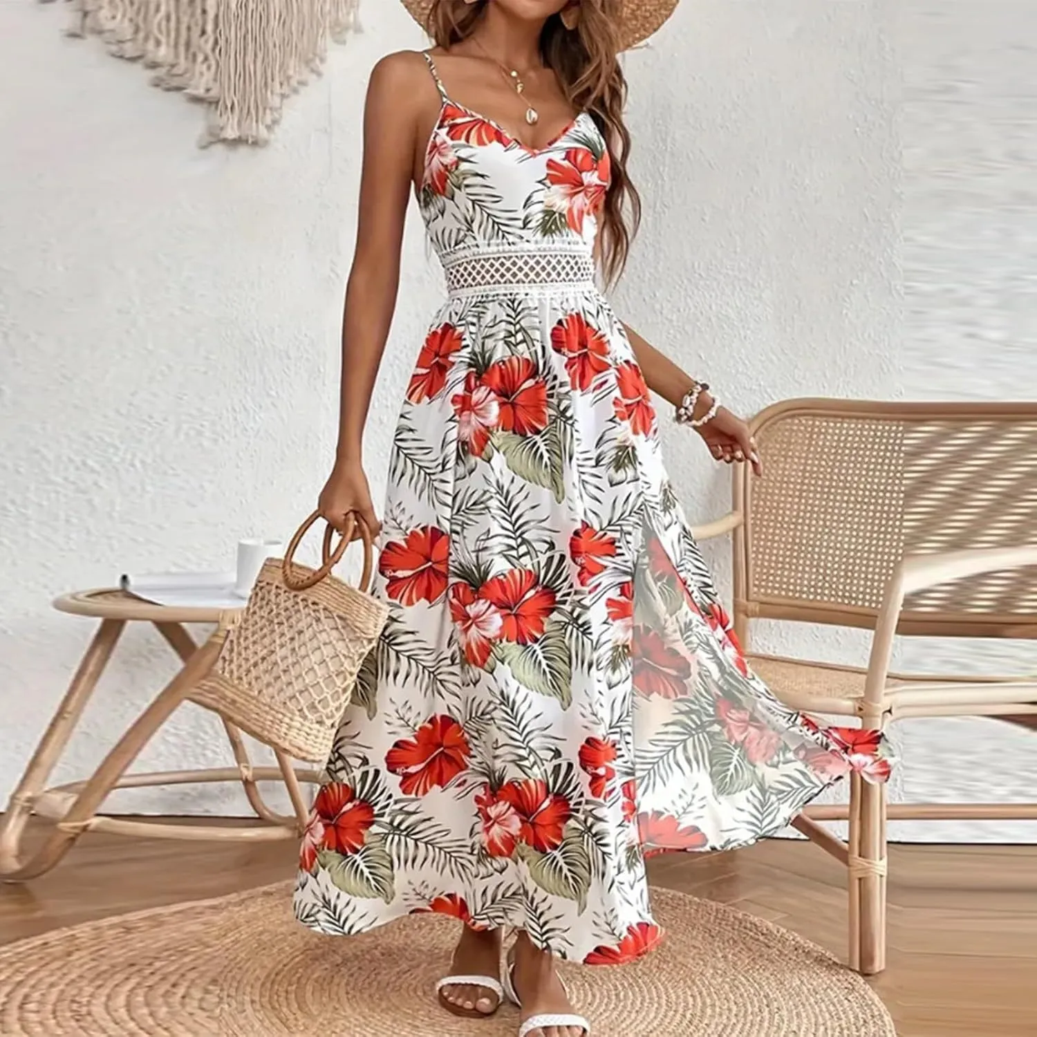 Maxi Dresses for Women 2025 Summer Sexy Spaghetti Strap Floral V Neck Dress Boho Cut Out Waist Slit Long Sundress