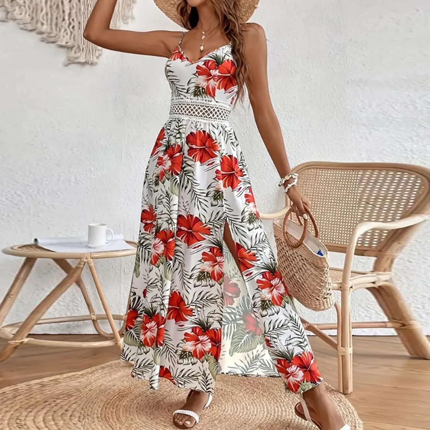 Maxi Dresses for Women 2025 Summer Sexy Spaghetti Strap Floral V Neck Dress Boho Cut Out Waist Slit Long Sundress