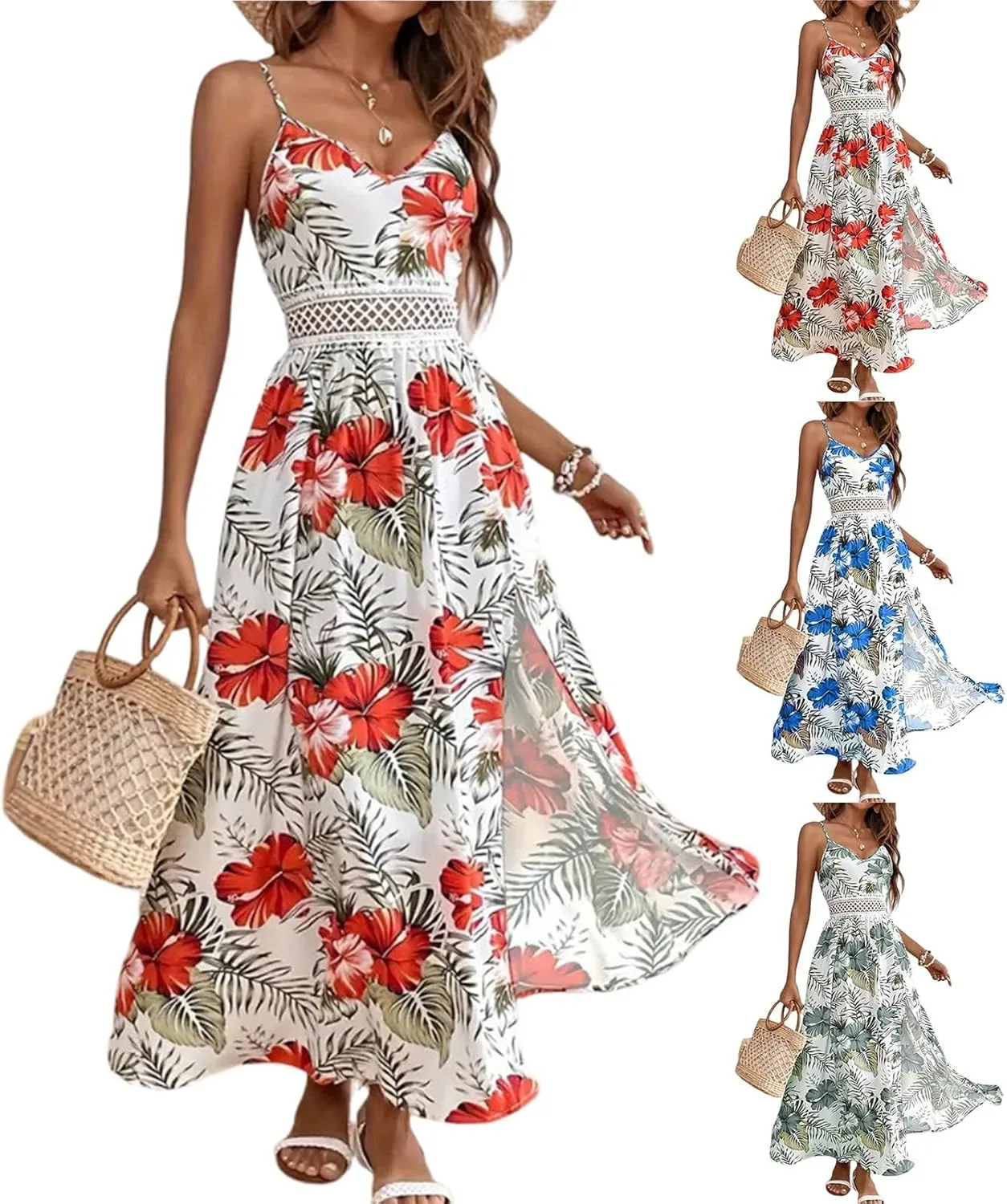 Maxi Dresses for Women 2025 Summer Sexy Spaghetti Strap Floral V Neck Dress Boho Cut Out Waist Slit Long Sundress