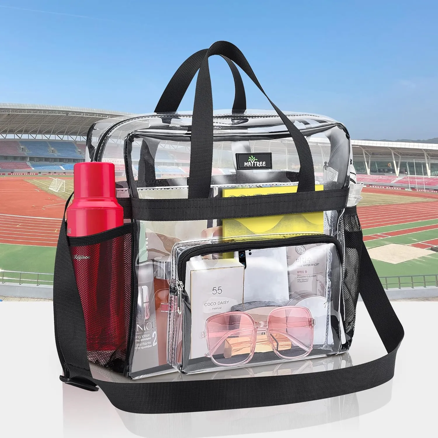 MAY TREE Clear Bag for Stadium Events 12×6×12 Clear Tote Lunch Bag with Reinforced Straps for Work and Sporting Events, Black