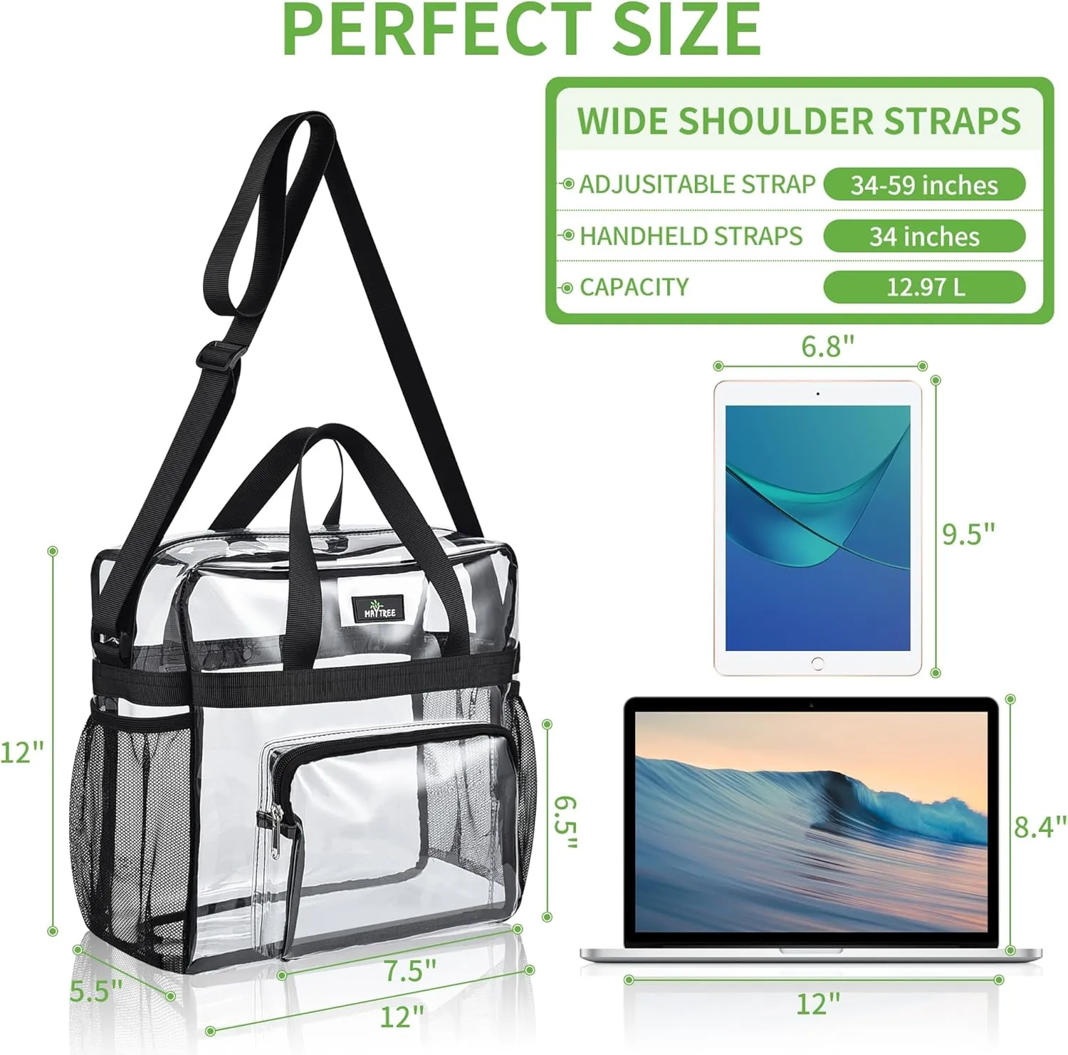 MAY TREE Clear Bag for Stadium Events 12×6×12 Clear Tote Lunch Bag with Reinforced Straps for Work and Sporting Events, Black