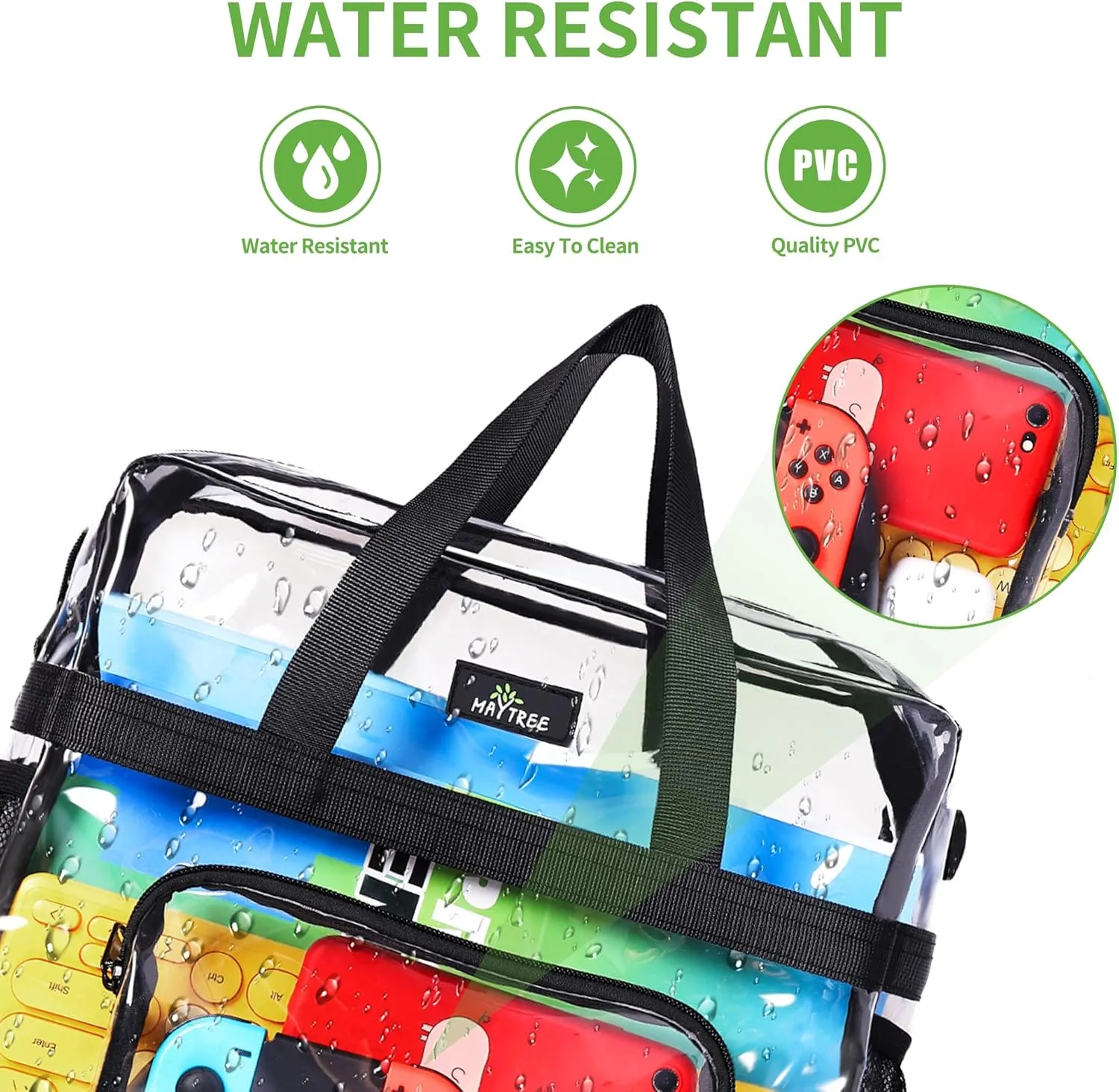 MAY TREE Clear Bag for Stadium Events 12×6×12 Clear Tote Lunch Bag with Reinforced Straps for Work and Sporting Events, Black