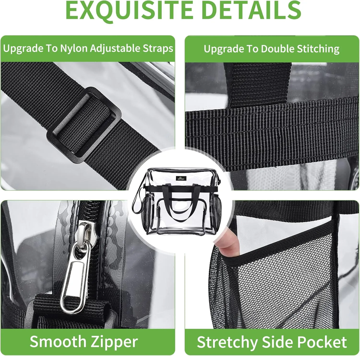 MAY TREE Clear Bag for Stadium Events 12×6×12 Clear Tote Lunch Bag with Reinforced Straps for Work and Sporting Events, Black