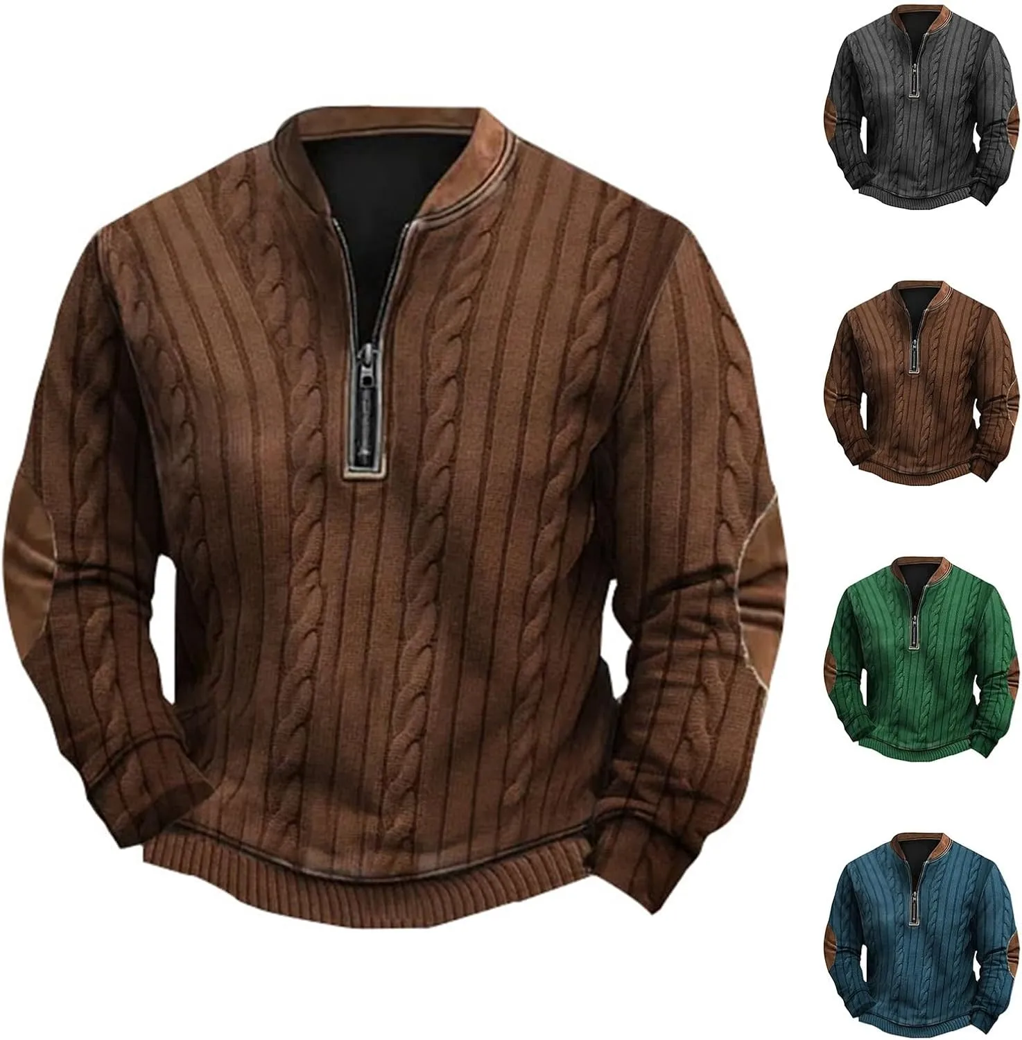 Mens 1/4 Zip Pullover Sweatshirts Long Sleeve Band Collar Knit Pattern Sweaters Casual Athletic Graphic Tee Shirts
