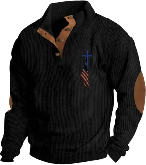 Mens Corduroy Shirts Casual Outdoor American Flag Print Graphic Sweatshirt 1/4 Button Up Mock Neck Pullover Sweater