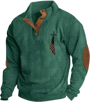 Mens Corduroy Shirts Casual Outdoor American Flag Print Graphic Sweatshirt 1/4 Button Up Mock Neck Pullover Sweater