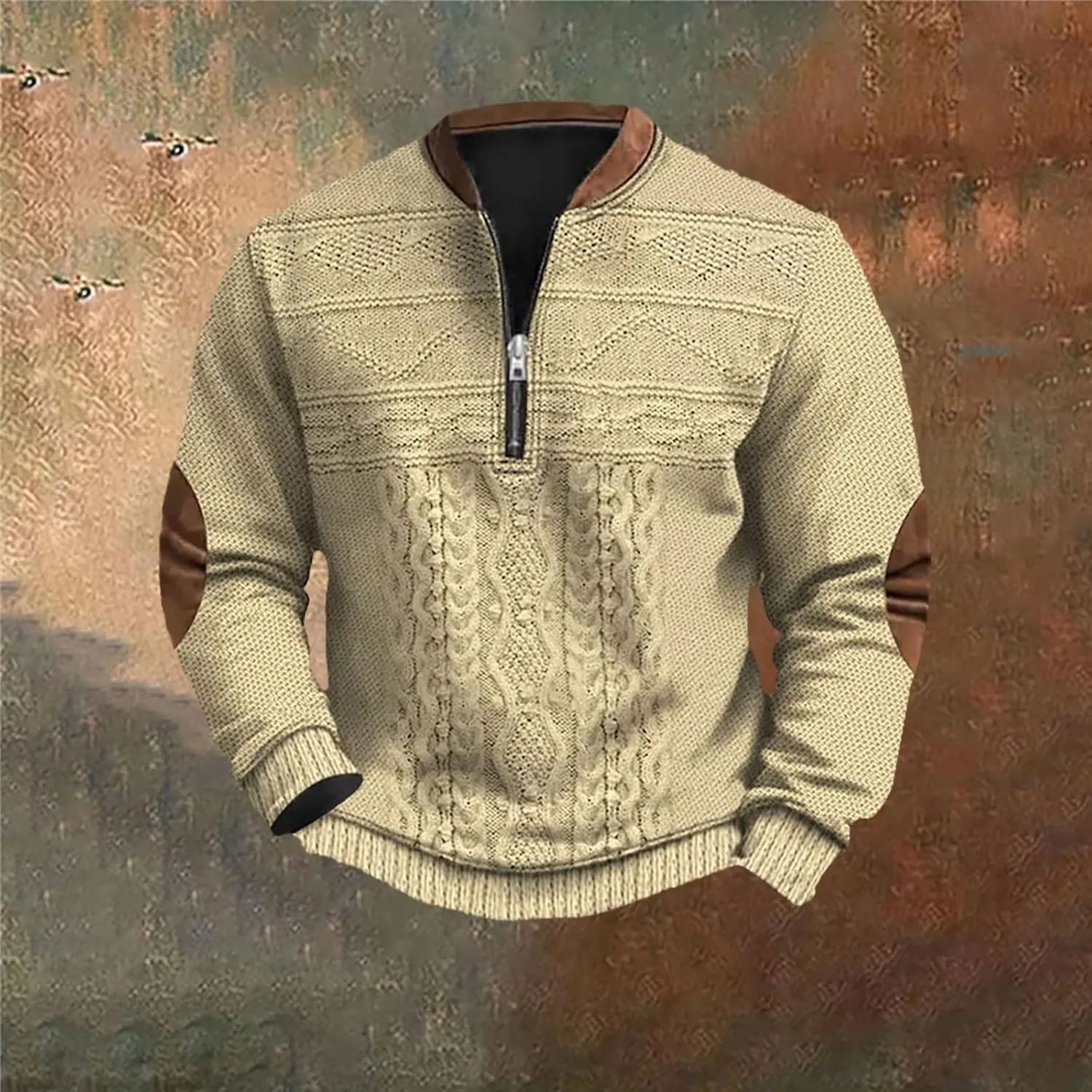 Men's Long Sleeve 1/4 Zip Pullover Sweater Vintage Stand Collar 3D Knit Pattern Sweater Casual Outdoor Sweatshirts