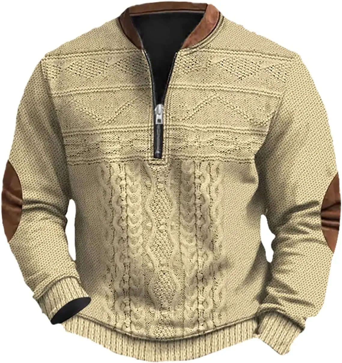 Men's Long Sleeve 1/4 Zip Pullover Sweater Vintage Stand Collar 3D Knit Pattern Sweater Casual Outdoor Sweatshirts