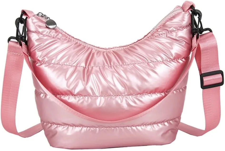 Metallic Puffy Crossbody Quilted Shoulder Bag for Women Metallic Puffer Purse Large Capacity Tote Bag with Adjustable Nylon Strap (Pink)