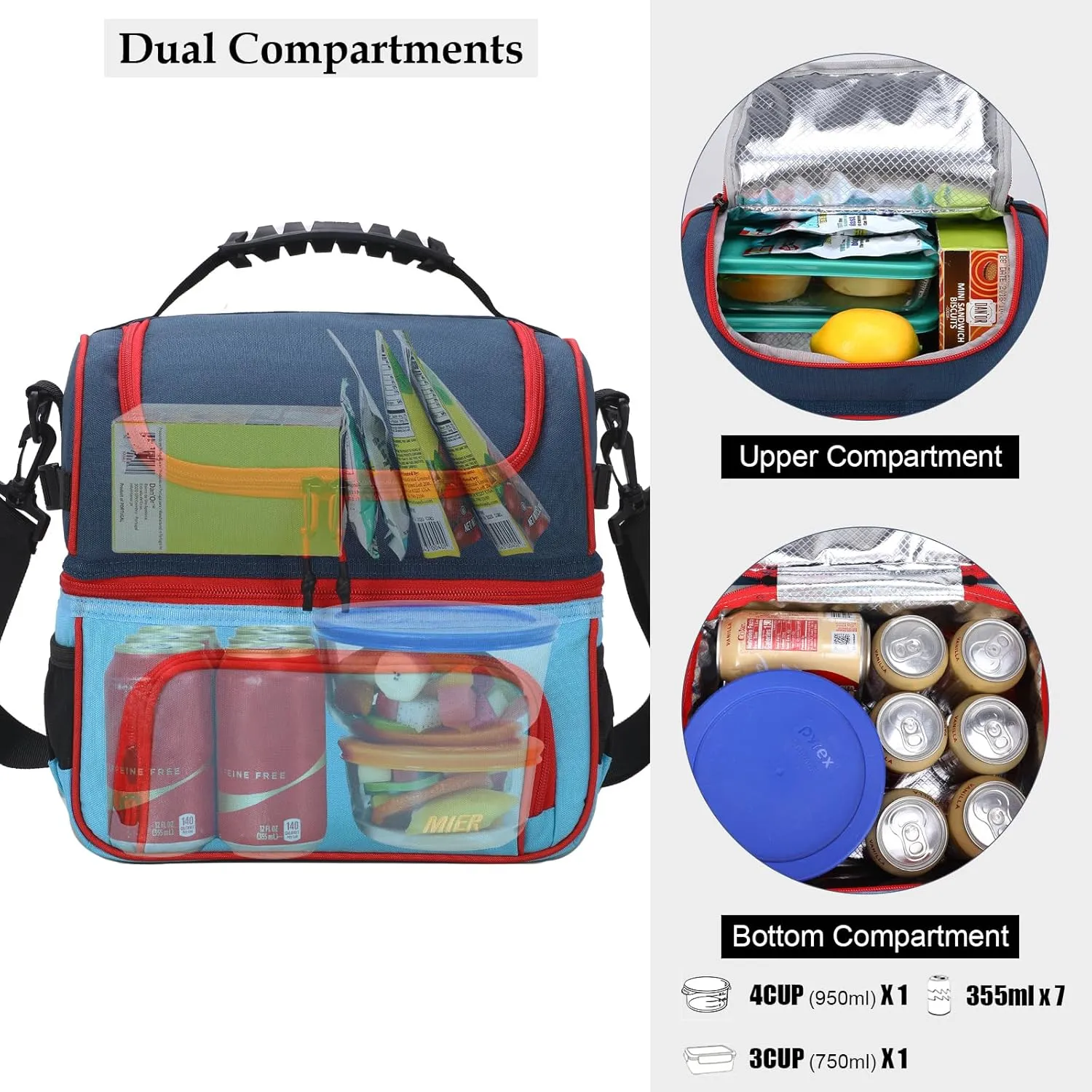 MIER 2 Compartment Lunch Bag Tote with Shoulder Strap for Men and Women Insulated Leakproof Cooler Bag, Blue