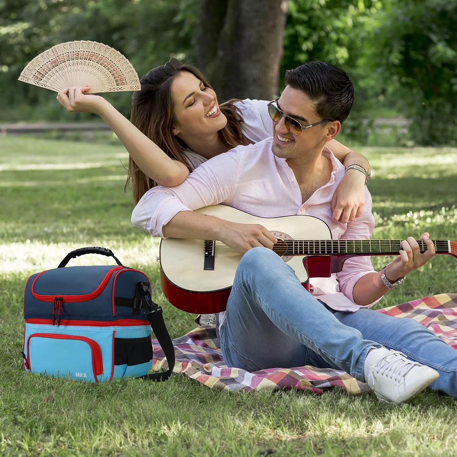 MIER 2 Compartment Lunch Bag Tote with Shoulder Strap for Men and Women Insulated Leakproof Cooler Bag, Blue