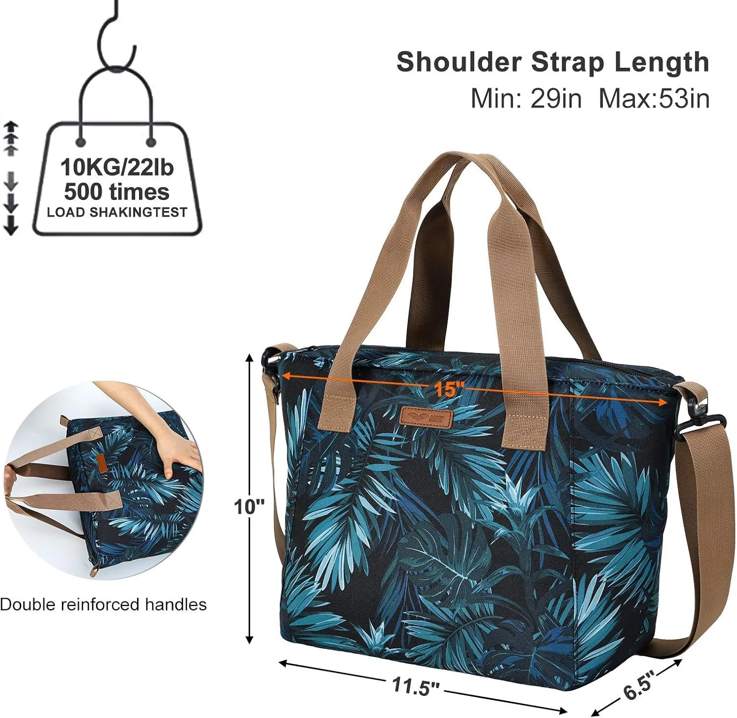 MIER Lunch Bags for Women Large Insulated Lunch Tote Bag Lunchbox Container for Work College Travel Beach, Adjustable Shoulder Strap (Palm Leaves)