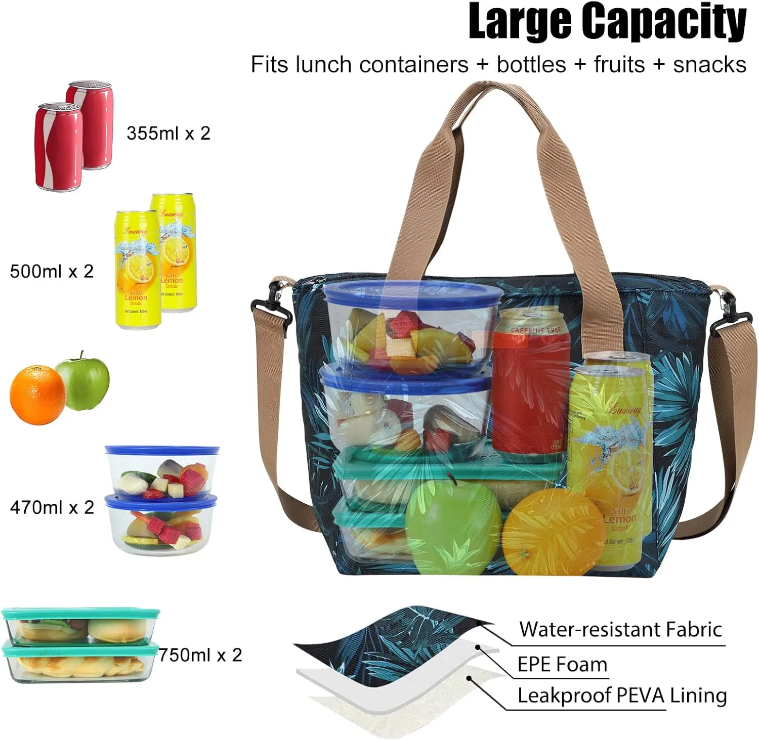 MIER Lunch Bags for Women Large Insulated Lunch Tote Bag Lunchbox Container for Work College Travel Beach, Adjustable Shoulder Strap (Palm Leaves)